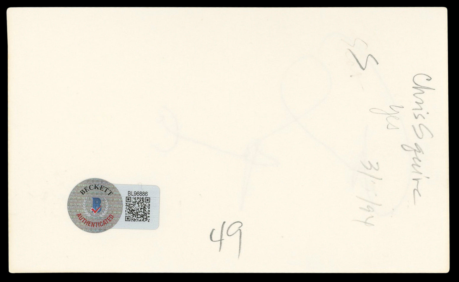 Chris Squire Authentic Signed 3x5 Index Card Autographed BAS #BL96886