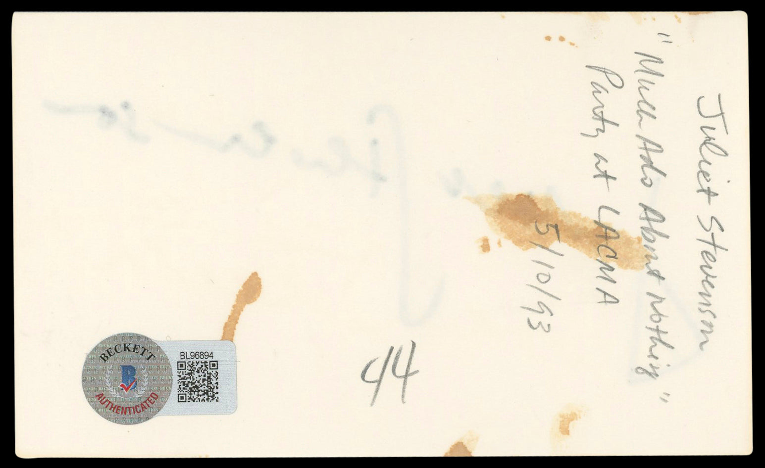 Juliet Stevenson Truly Madly Deeply Authentic Signed 3x5 Index Card BAS #BL96894