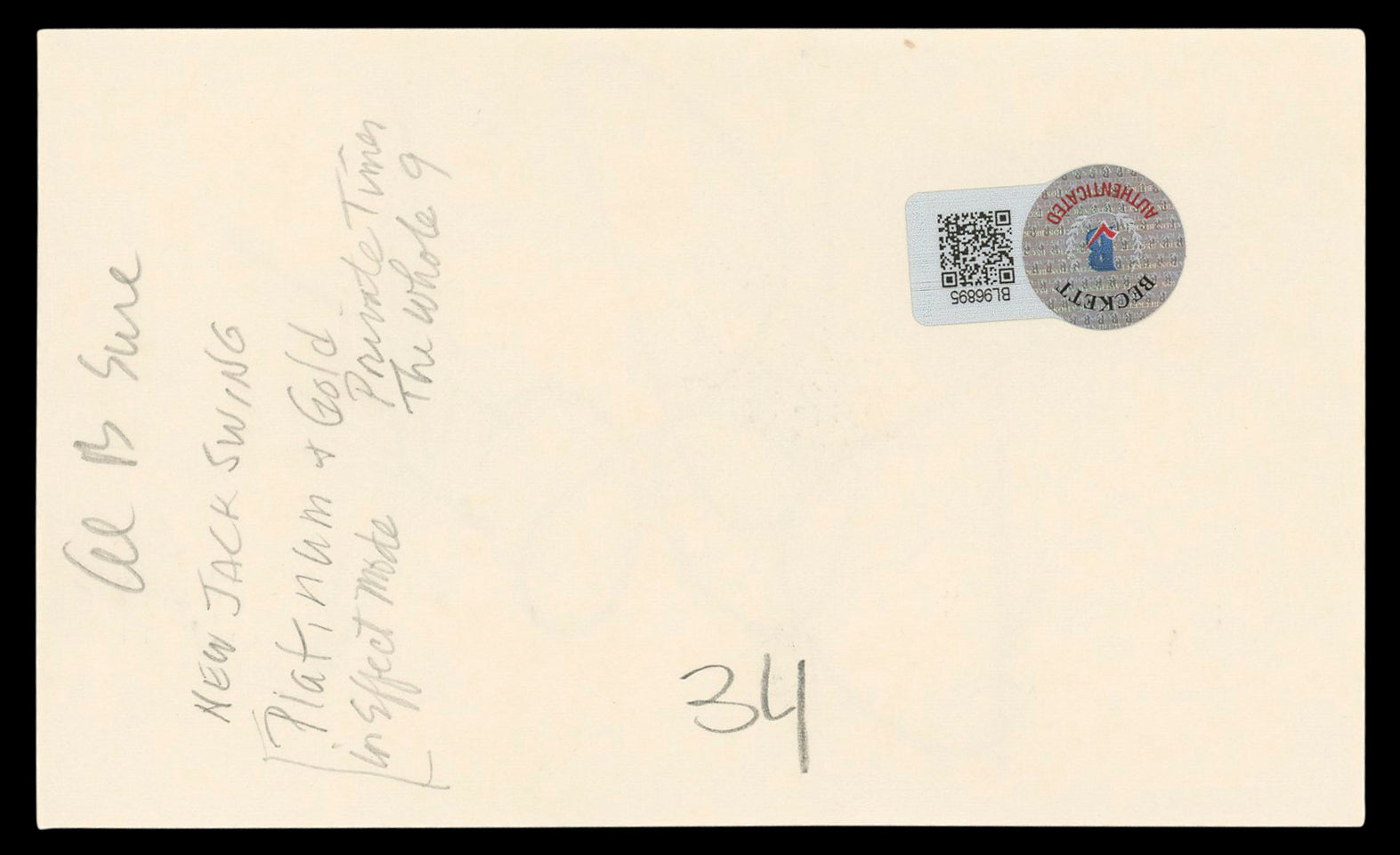 Al B. Sure Authentic Signed 3x5 Index Card Autographed BAS #BL96895