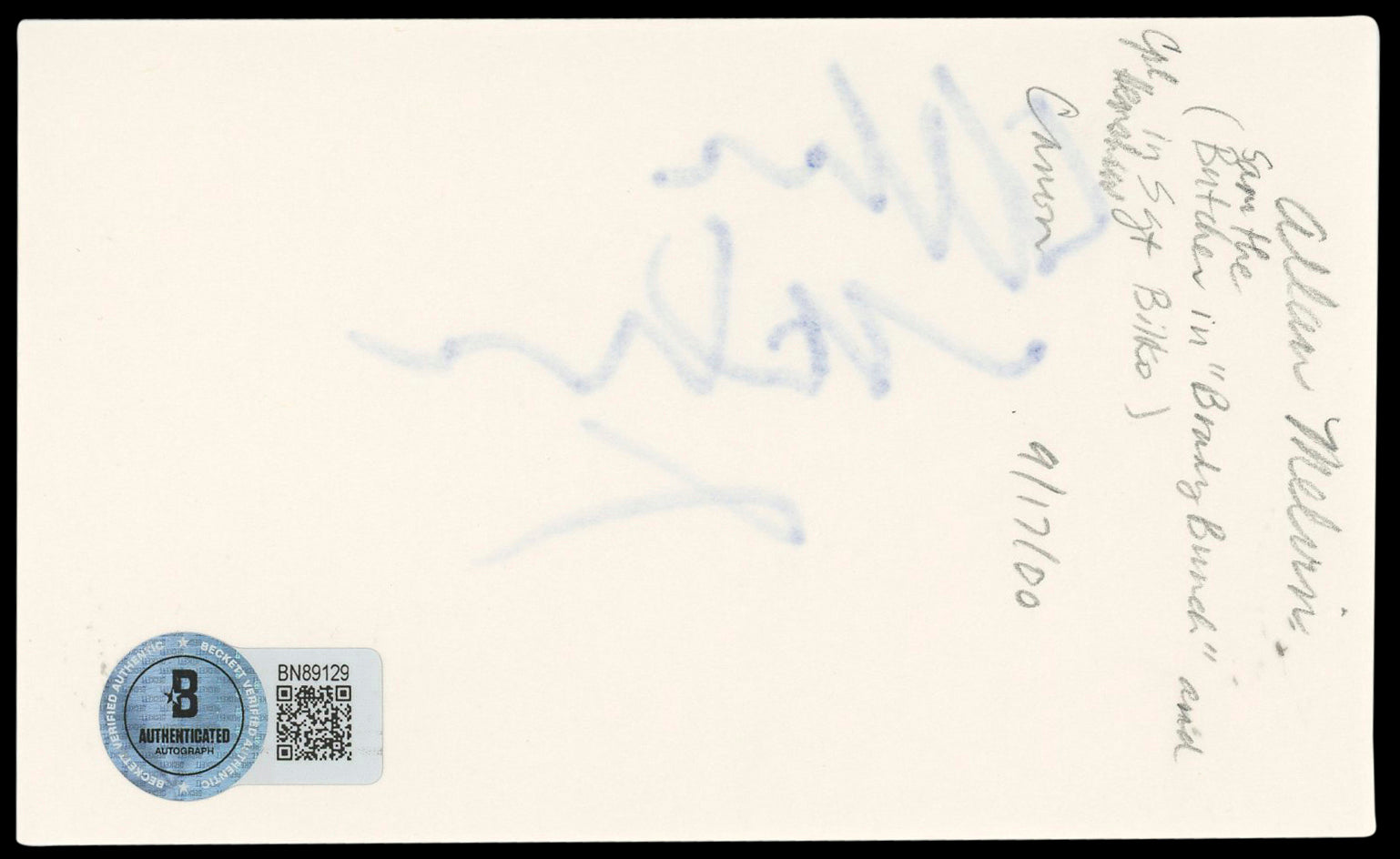 Allan Melvin The Brady Bunch Authentic Signed 3x5 Index Card BAS #BN89129