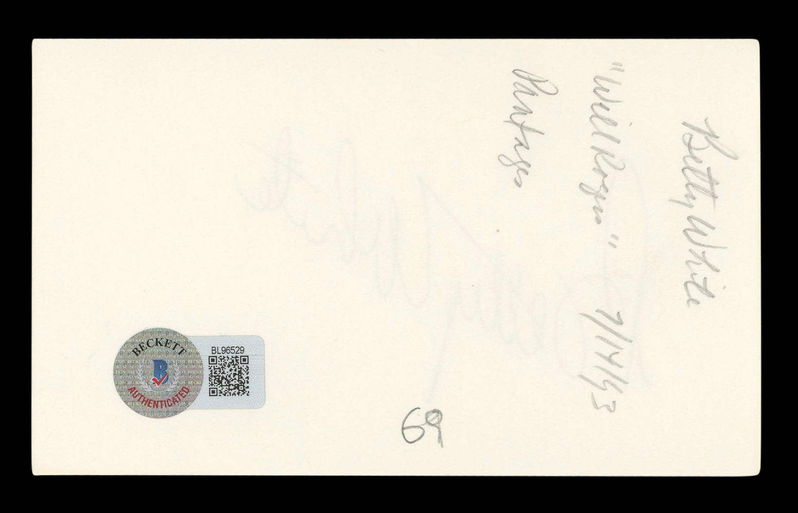 Betty White The Golden Girls Authentic Signed 3x5 Index Card BAS #BL96529