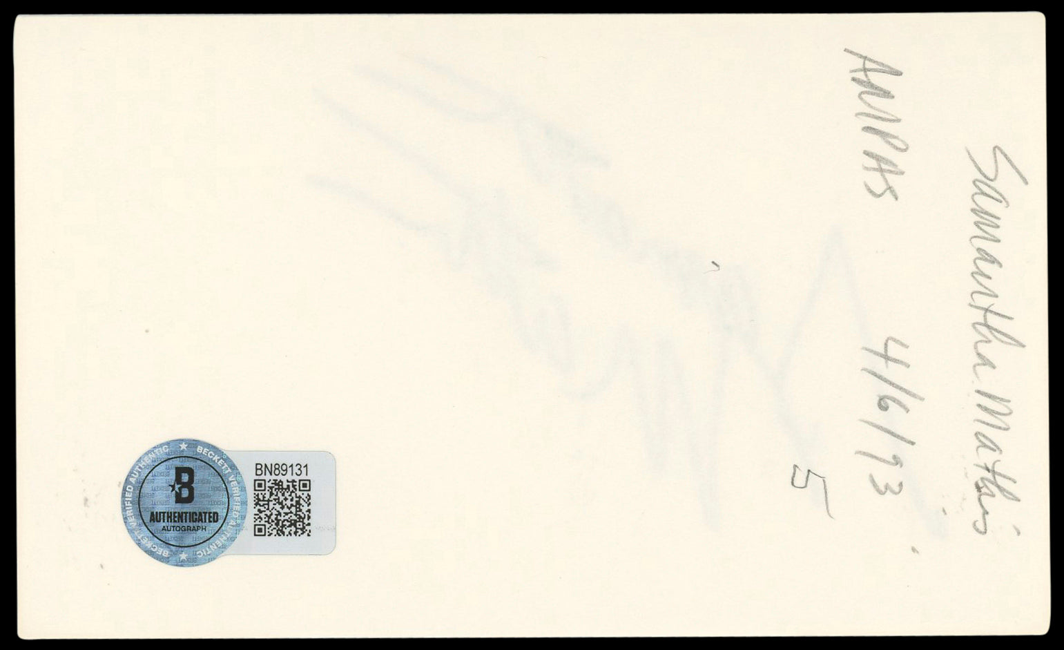 Samantha Mathis American Psycho Authentic Signed 3x5 Index Card BAS #BN89131
