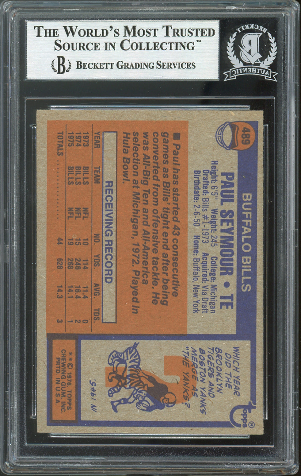 Bills Paul Seymour Authentic Signed 1976 Topps #489 Card Autographed BAS Slabbed