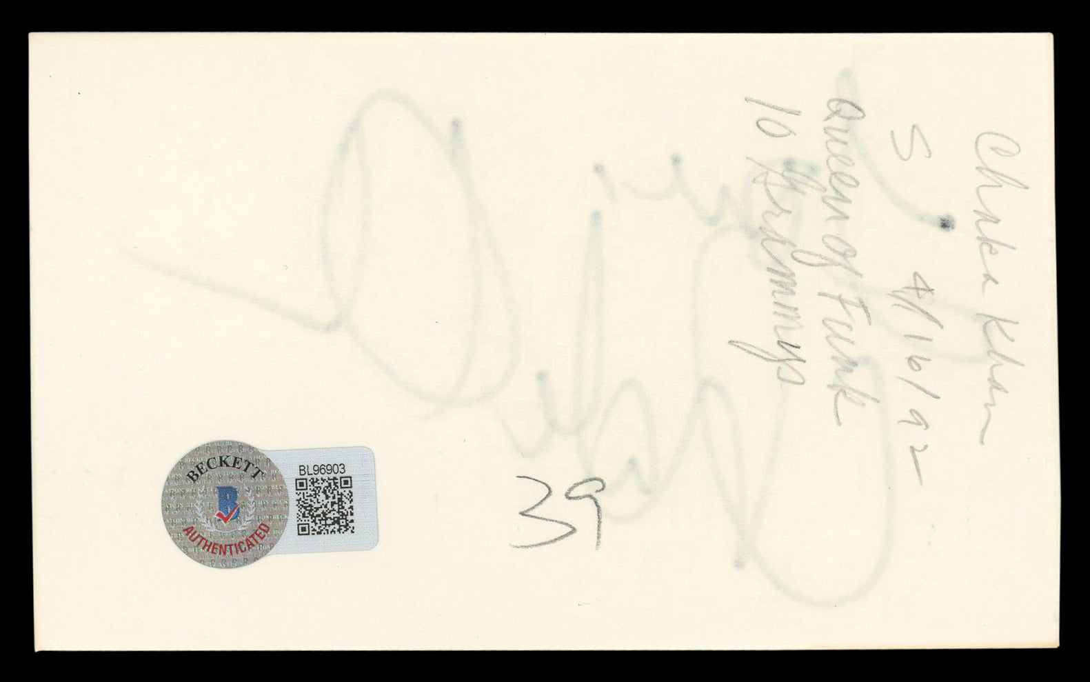 Chaka Khan Rufus "Love" Authentic Signed 3x5 Index Card Autographed BAS #BL96903