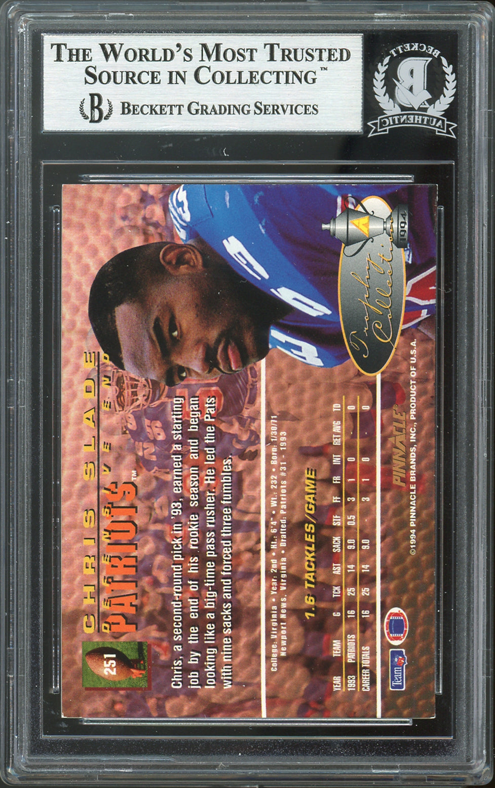 Patriots Chris Slade Authentic Signed 1994 Pinnacle #251 Card BAS Slabbed