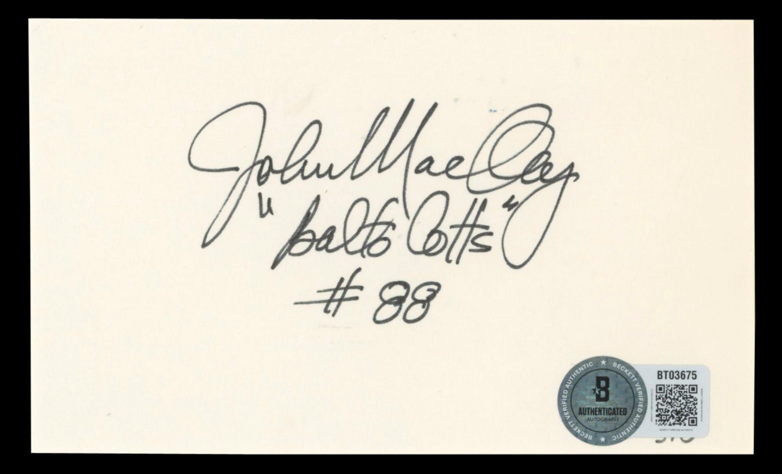 Colts John Mackey "Balt. Colts, #88" Authentic Signed 3x5 Index Card BAS #BT03675
