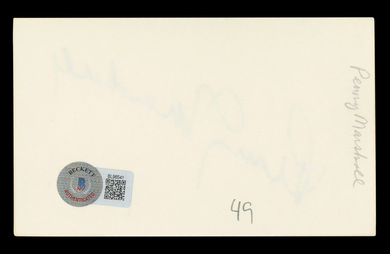 Penny Marshall Laverne & Shirley Authentic Signed 3x5 Index Card BAS #BL96541