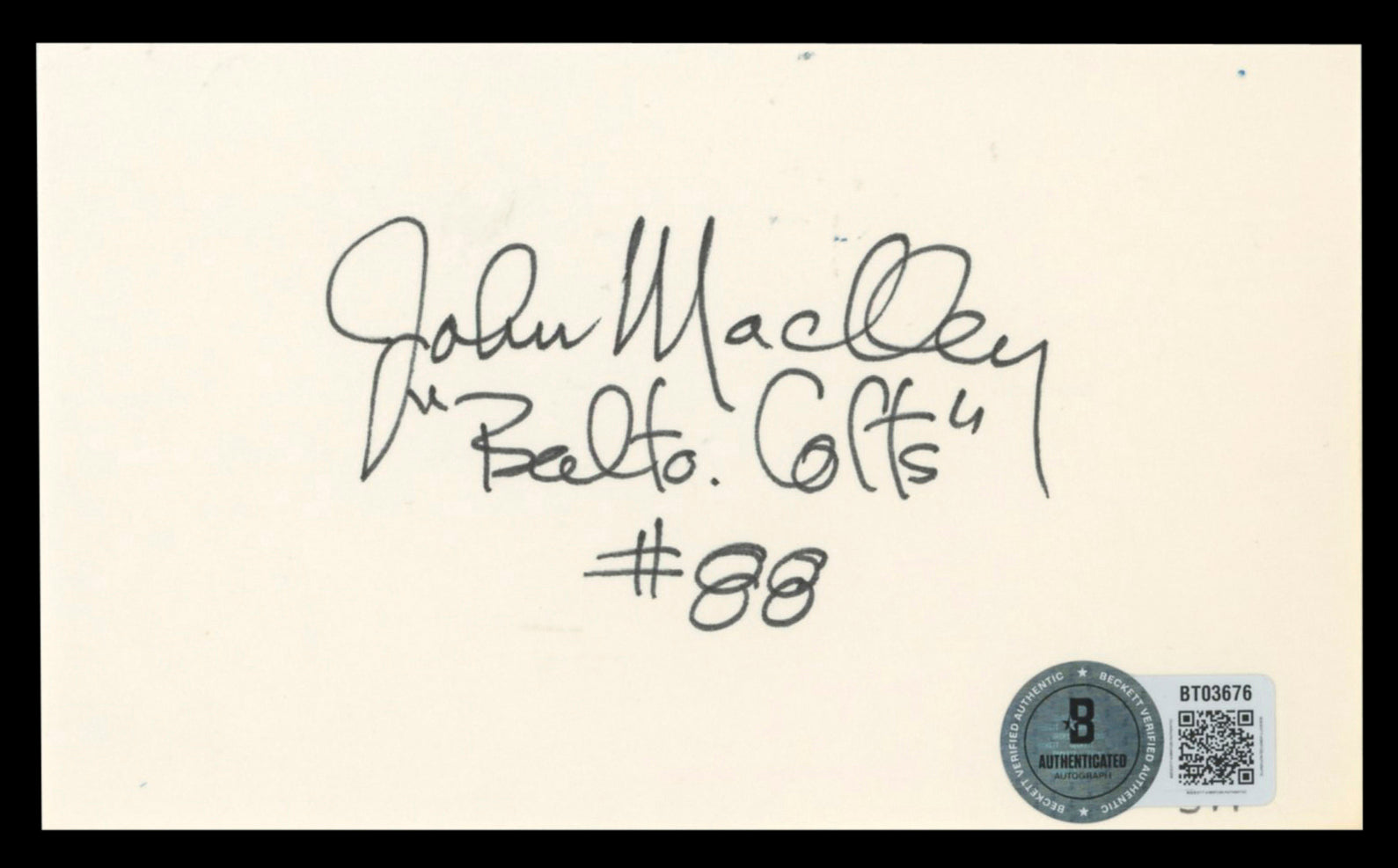 Colts John Mackey "Balt. Colts #88" Authentic Signed 3x5 Index Card BAS #BT03676