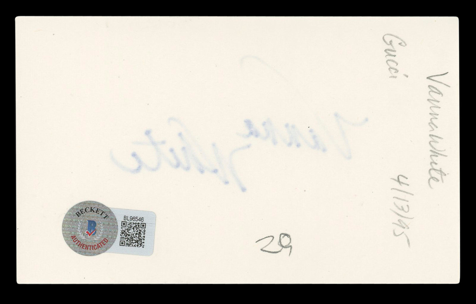 Vanna White Wheel of Fortune Authentic Signed 3x5 Index Card BAS #BL96546