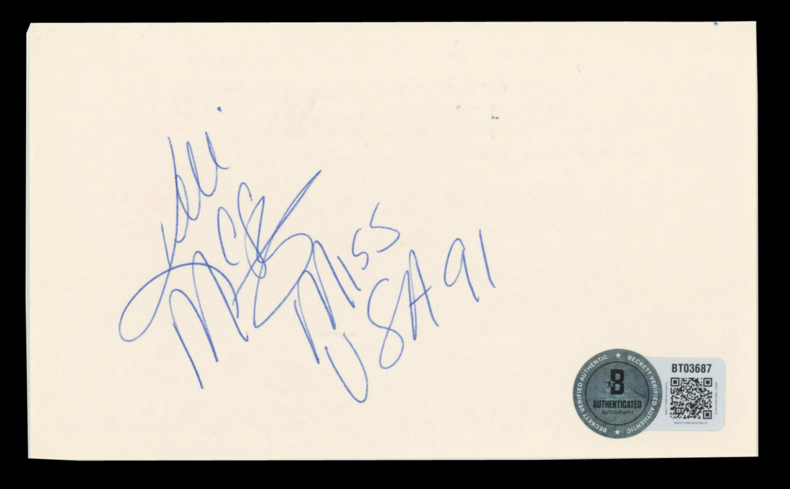 Kelli McCarty "Miss USA 91" Authentic Signed 3x5 Index Card BAS #BT03687