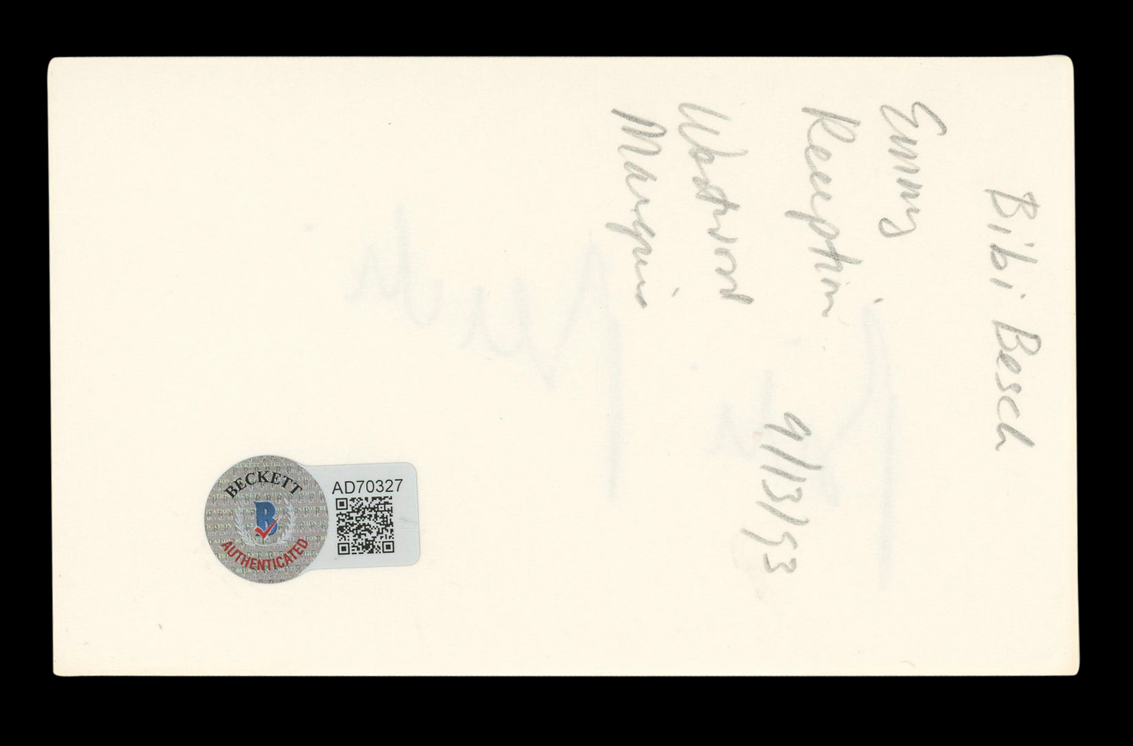 Bibi Besch Tremors Authentic Signed 3x5 Index Card Autographed BAS #AD70327