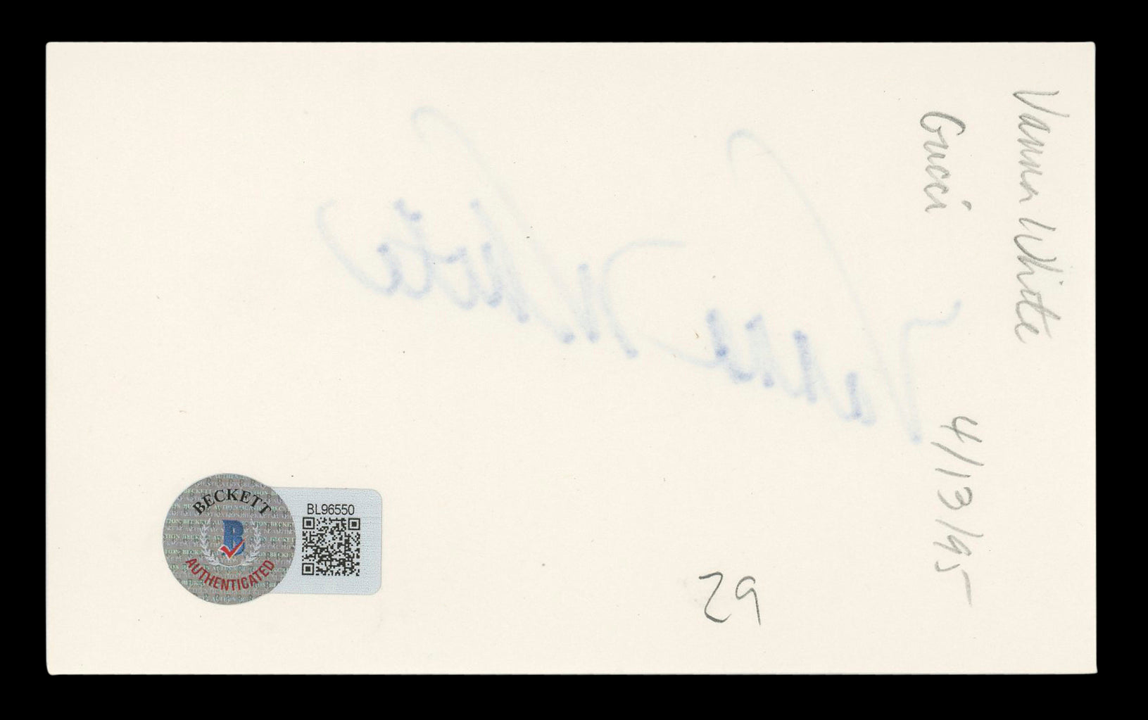 Vanna White Wheel of Fortune Authentic Signed 3x5 Index Card BAS #BL96550