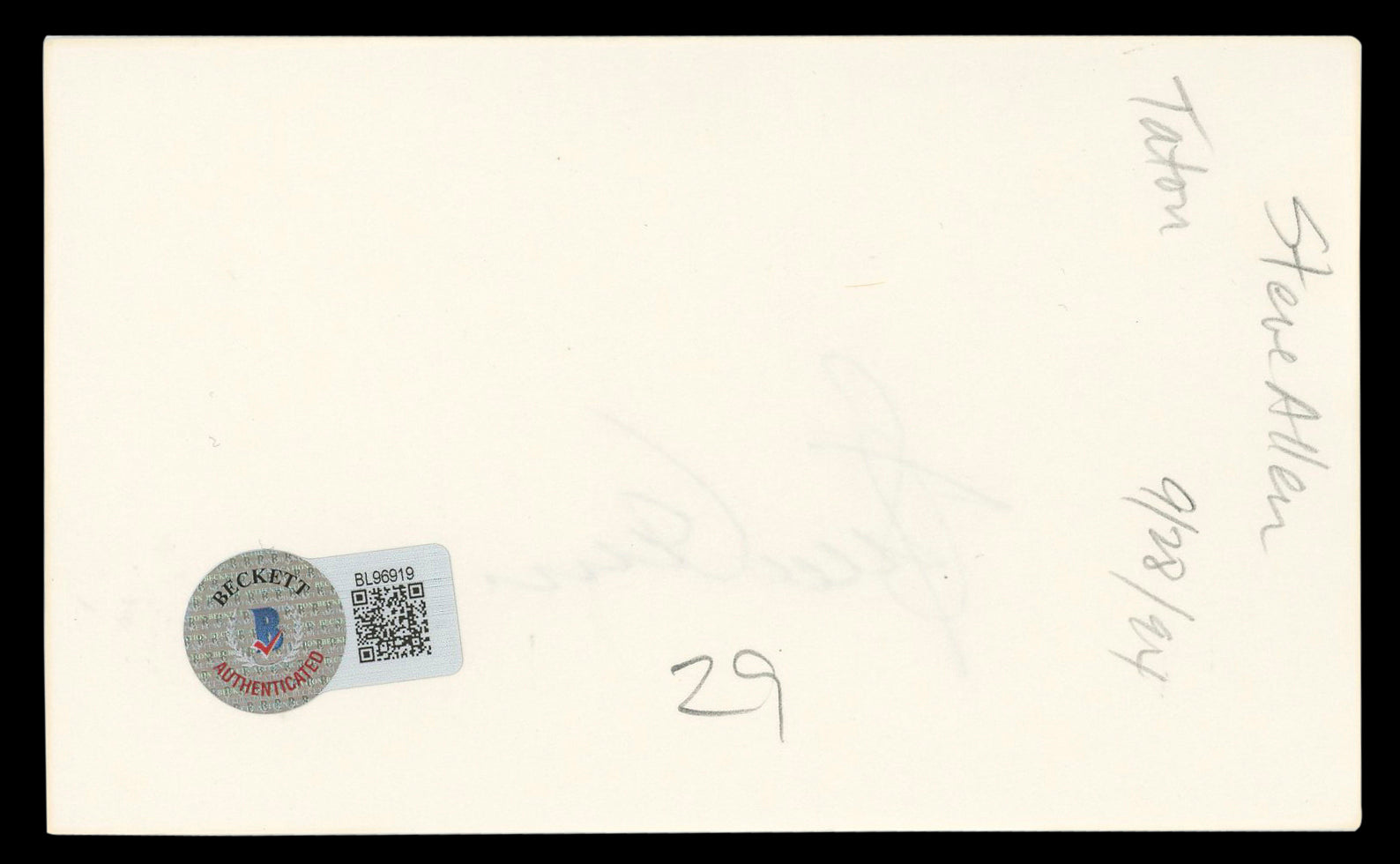 Steve Allen The Tonight Show Authentic Signed 3x5 Index Card BAS #BL96919