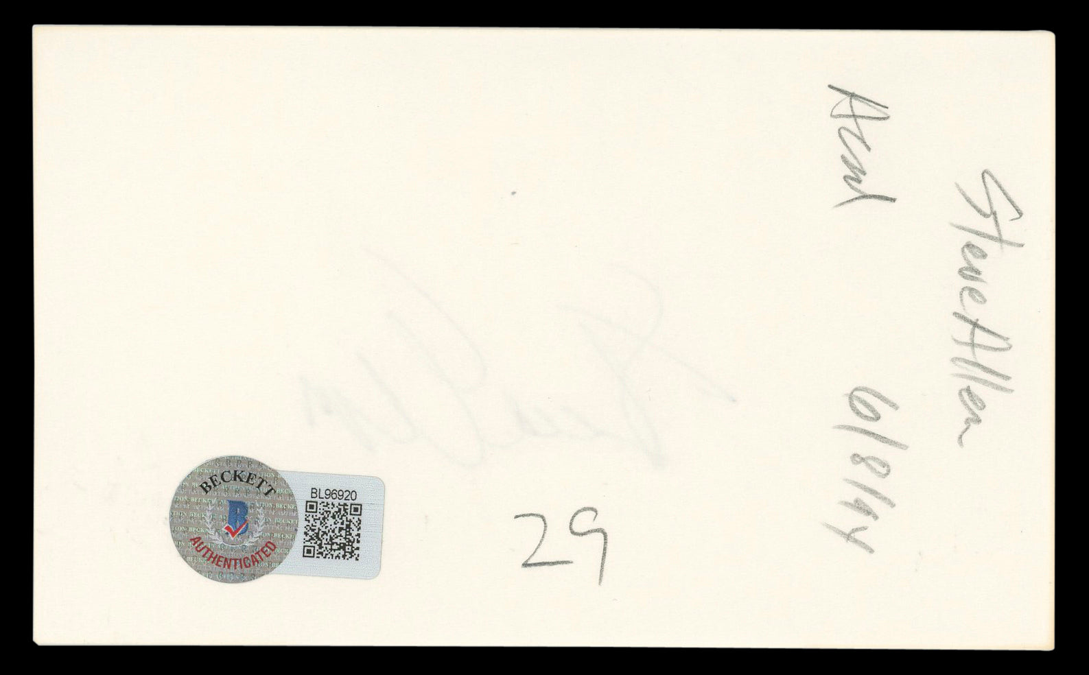 Steve Allen The Tonight Show Authentic Signed 3x5 Index Card BAS #BL96920