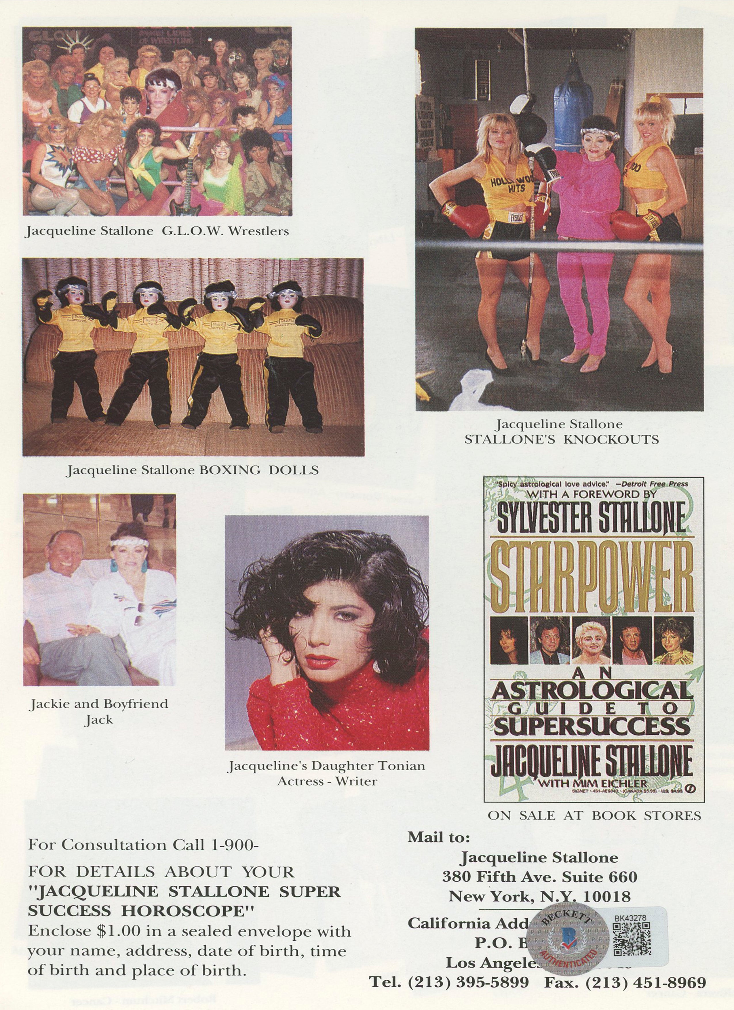 Jacqueline Stallone Astrologer Signed 5.5x8.5 Magazine Page BAS #BK43278