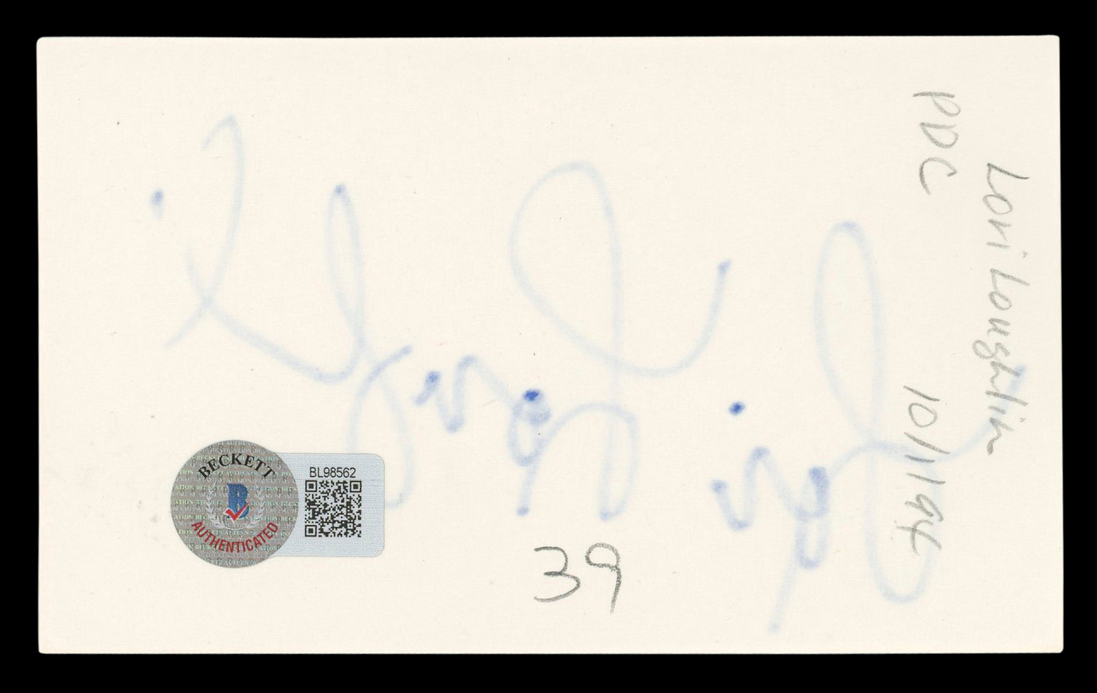 Lori Loughlin Full House Authentic Signed 3x5 Index Card BAS #BL98562
