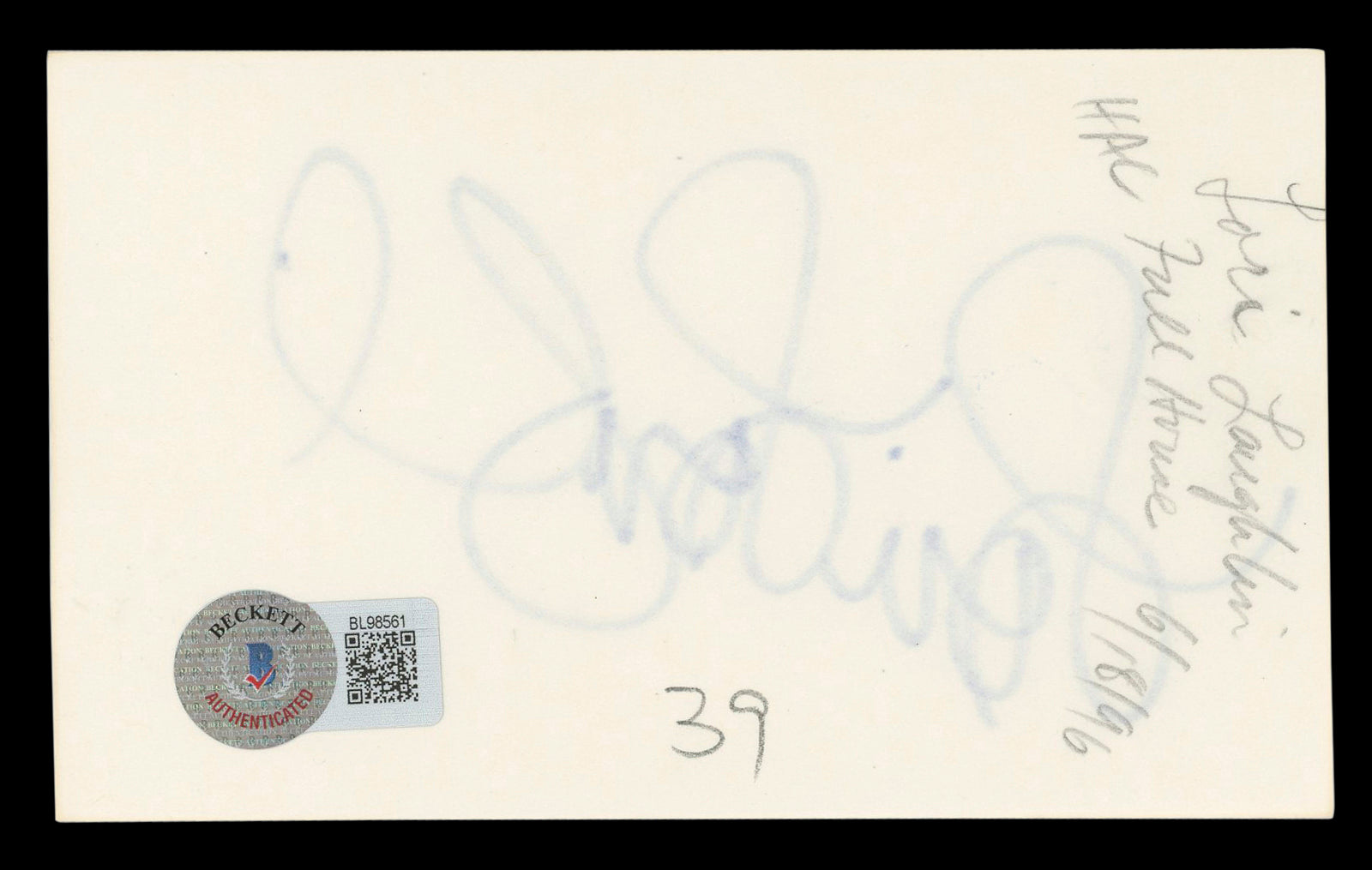 Lori Loughlin Full House Authentic Signed 3x5 Index Card BAS #BL98561