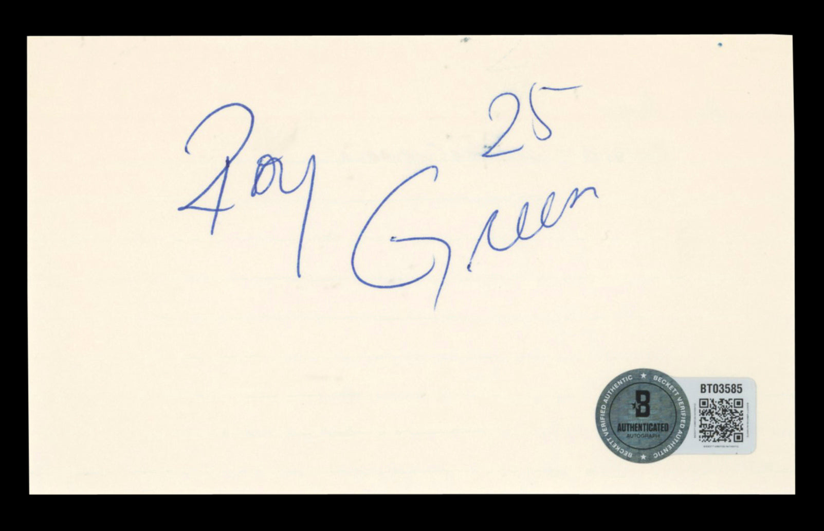 Cardinals Roy Green "25" Authentic Signed 3x5 Index Card Autographed BAS #BT03585