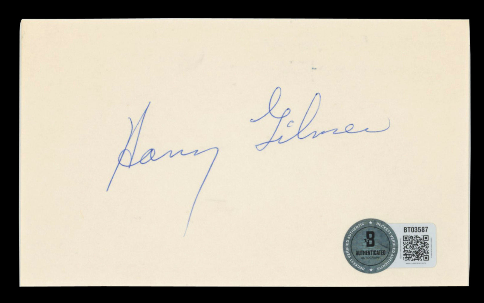 Commanders Harry Gilmer Authentic Signed 3x5 Index Card Autographed BAS #BT03587