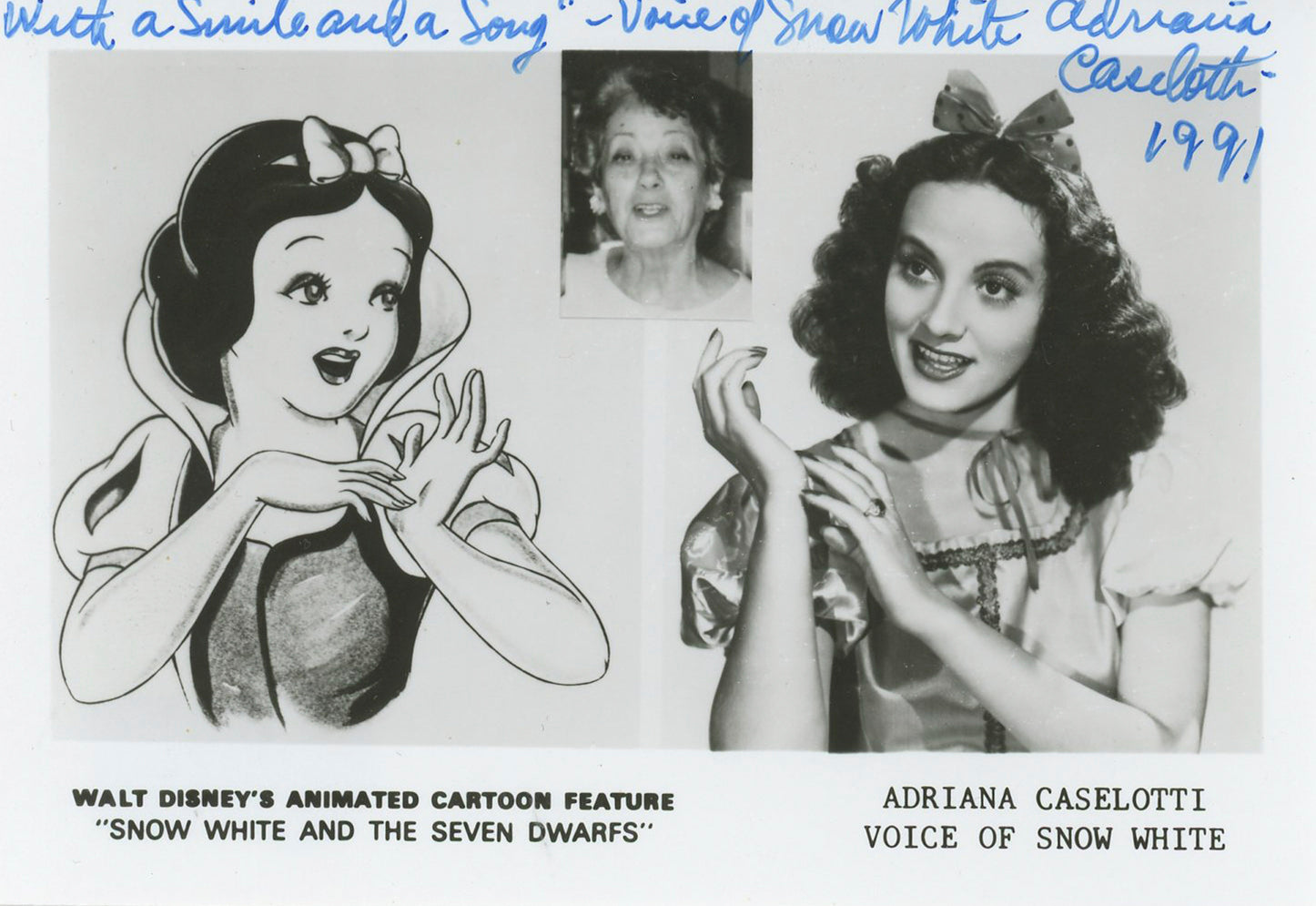 Adriana Caselotti Snow White "2x Insc" Authentic Signed 5x3 Photo BAS #BK43261