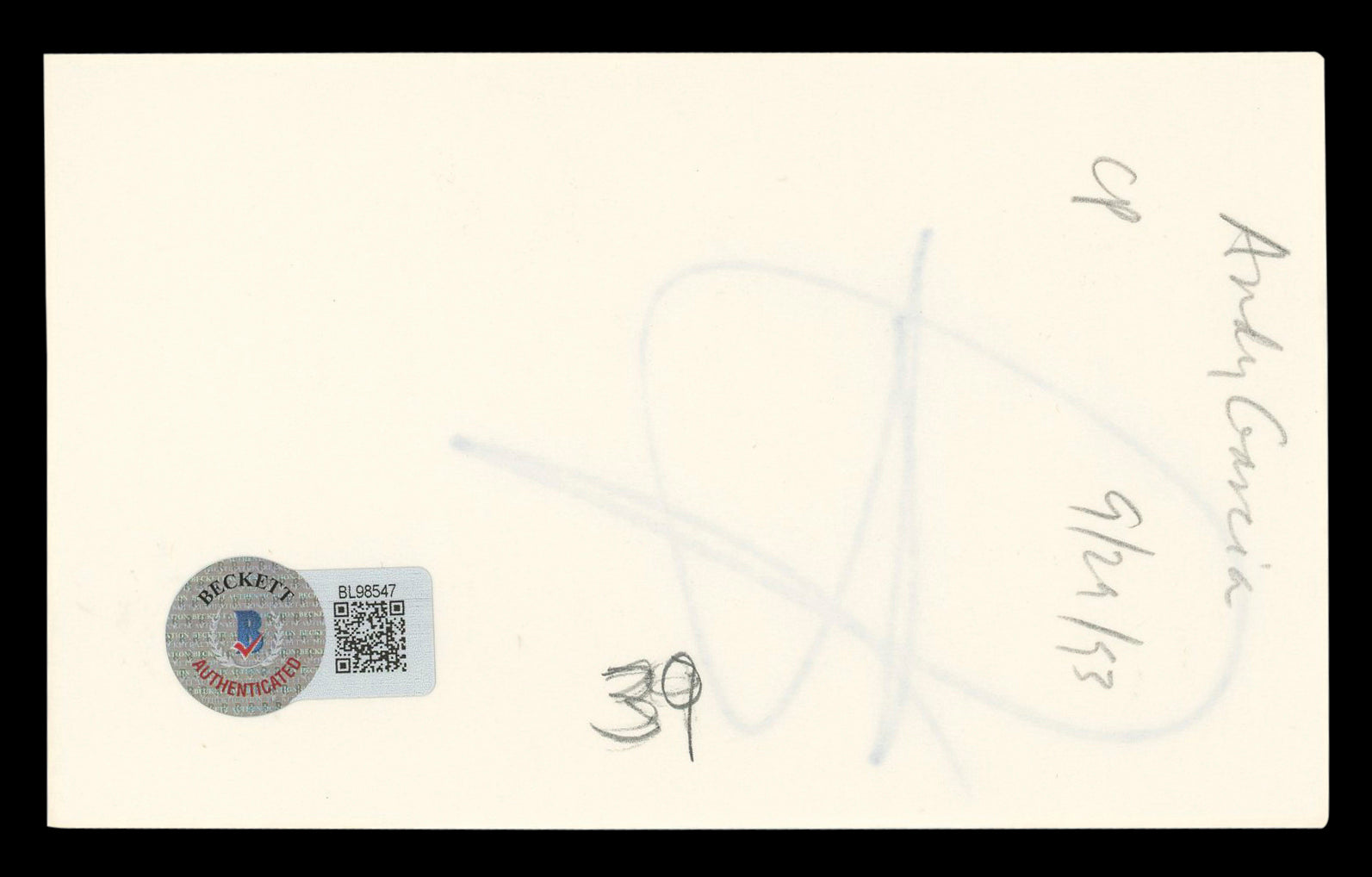 Andy García Ocean's 11 Authentic Signed 3x5 Index Card Autographed BAS #BL98547