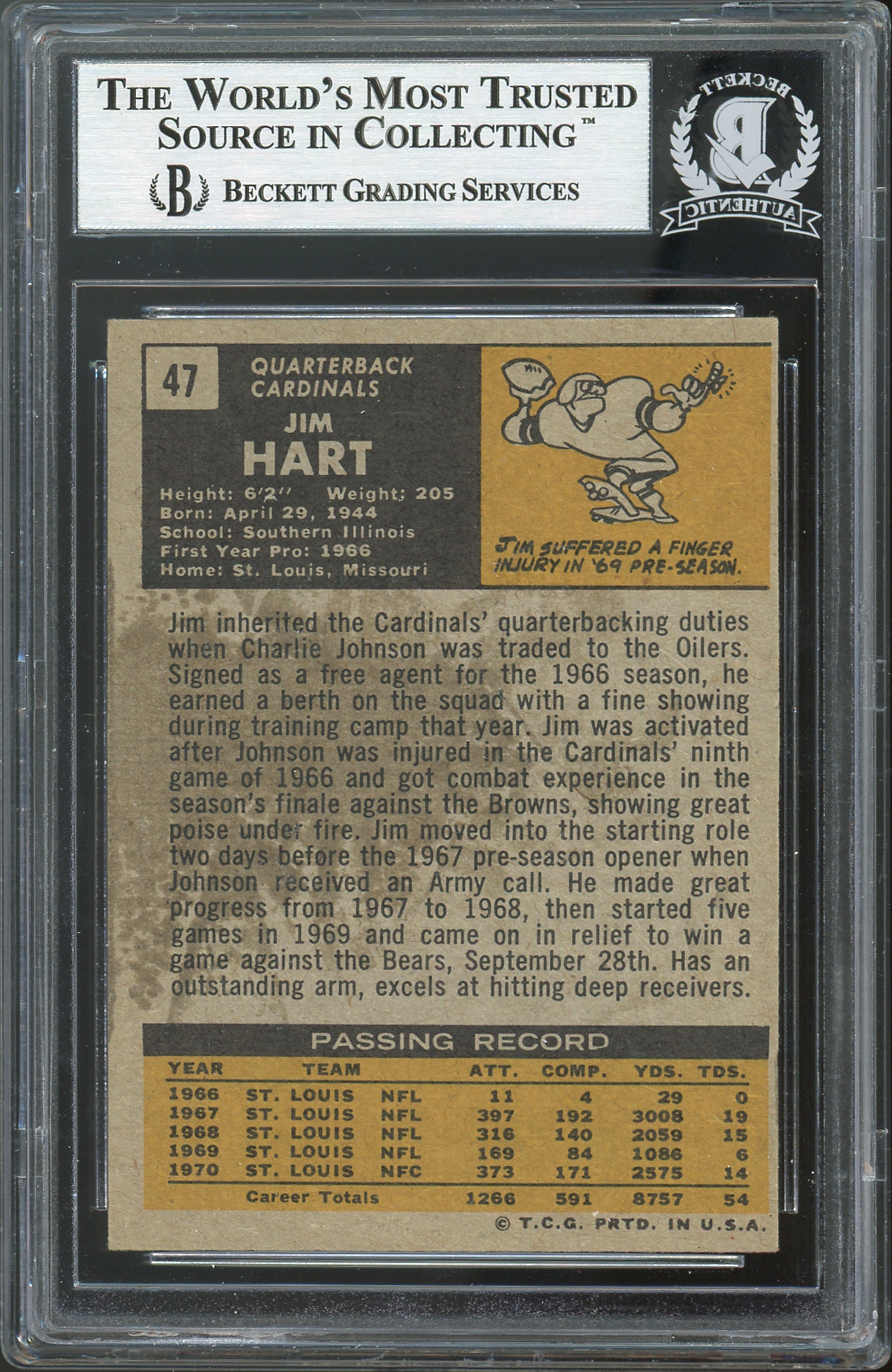 Cardinals Jim Hart "4X Pro Bowl" Authentic Signed 1971 Topps #47 Card BAS Slab