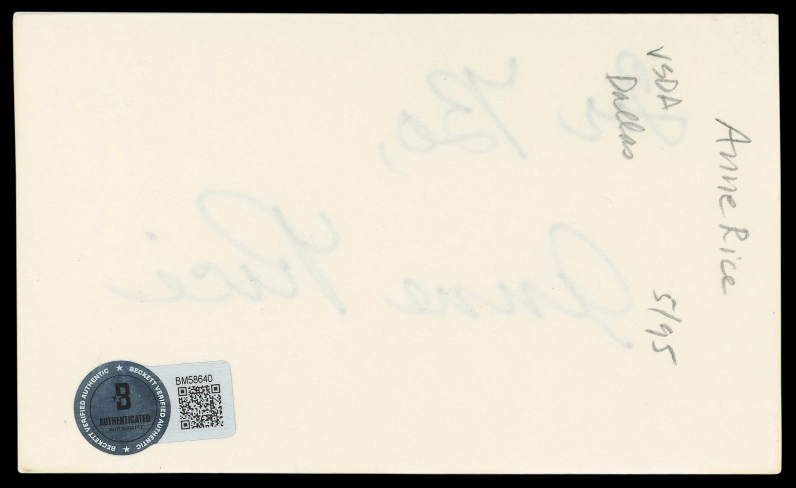 Anne Rice Interview with the Vampire For Bo Signed 3x5 Index Card BAS #BM58640