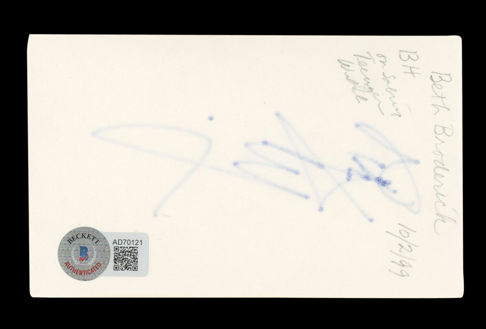 Beth Broderick Sabrina The Teenage Witch Signed 3x5 Index Card BAS #AD70121