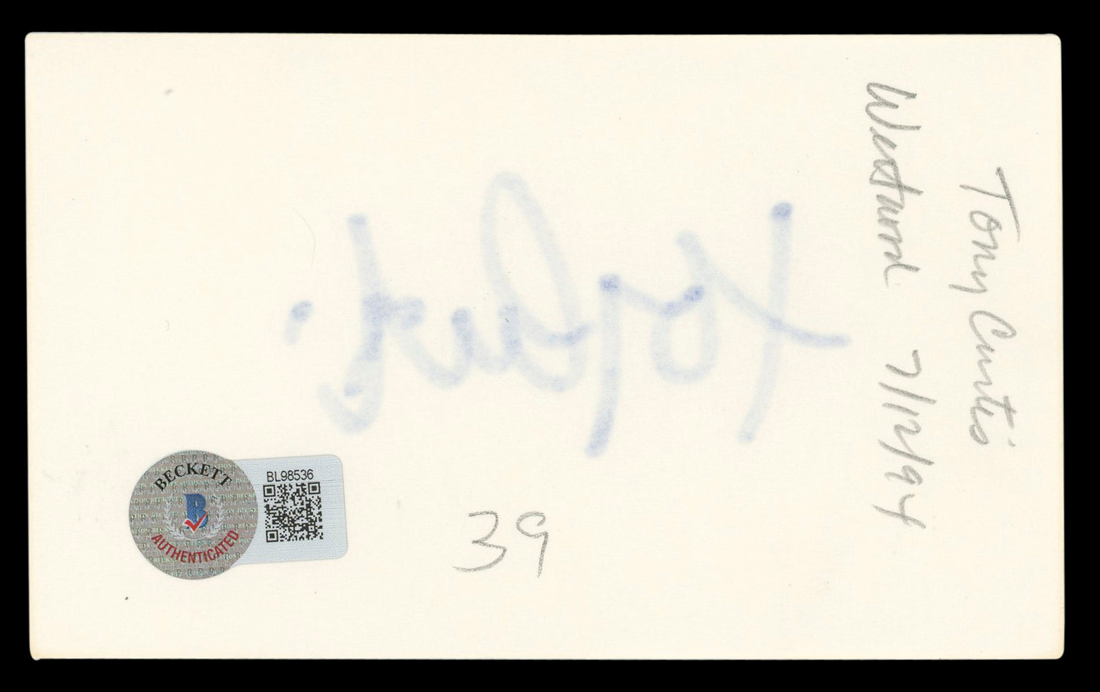Tony Curtis Some Like It Hot Authentic Signed 3x5 Index Card BAS #BL98536