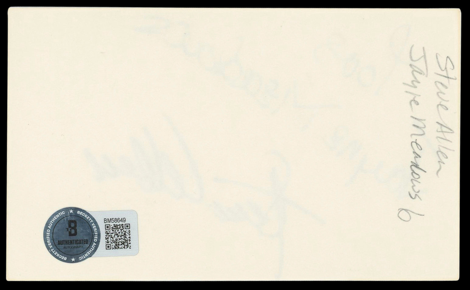 Steve Allen & Jayne Meadows Casino Authentic Signed 3x5 Index Card BAS #BM58649