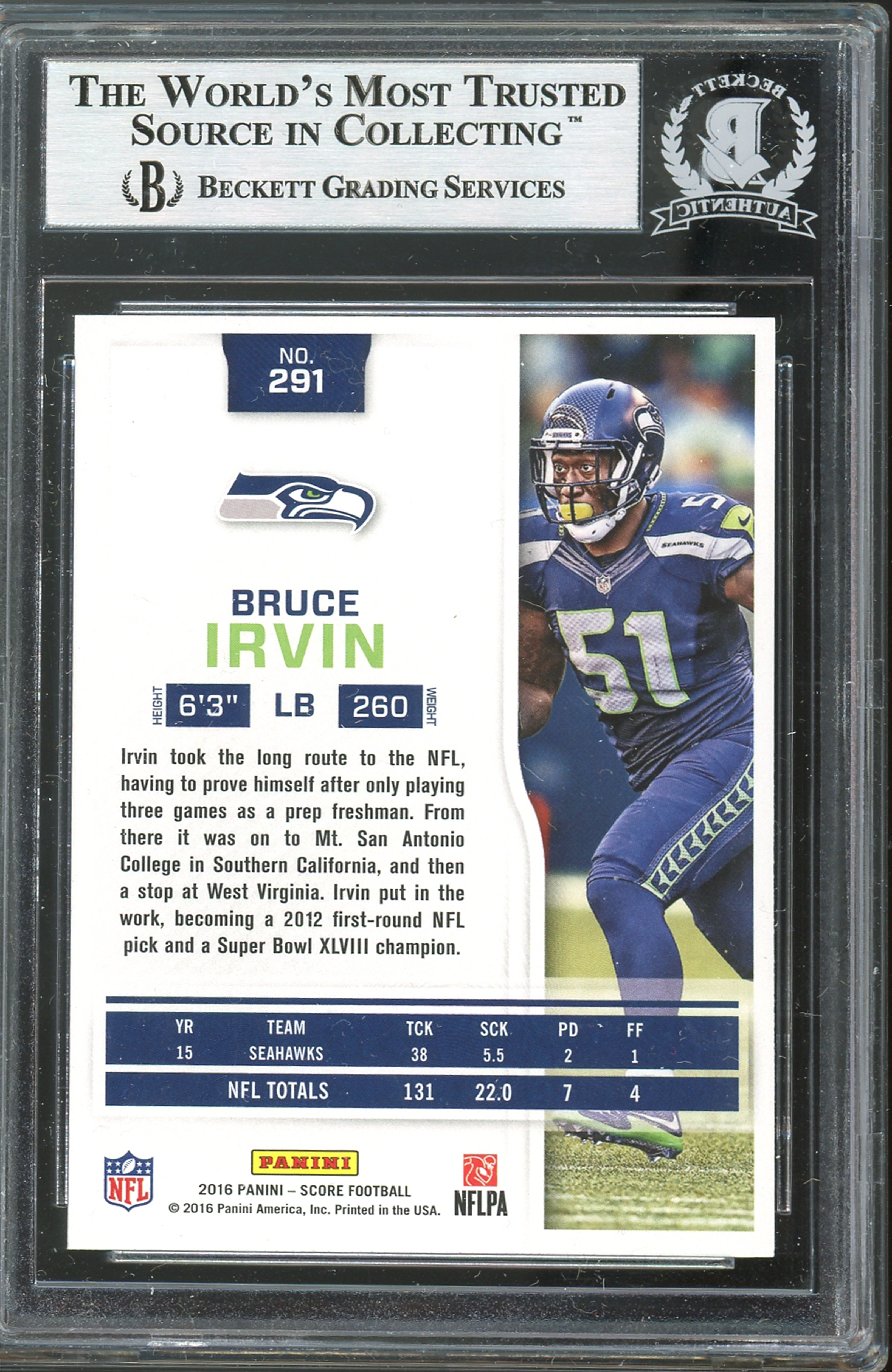 Seahawks Bruce Irvin Authentic Signed 2016 Score #291 Card BAS Slabbed