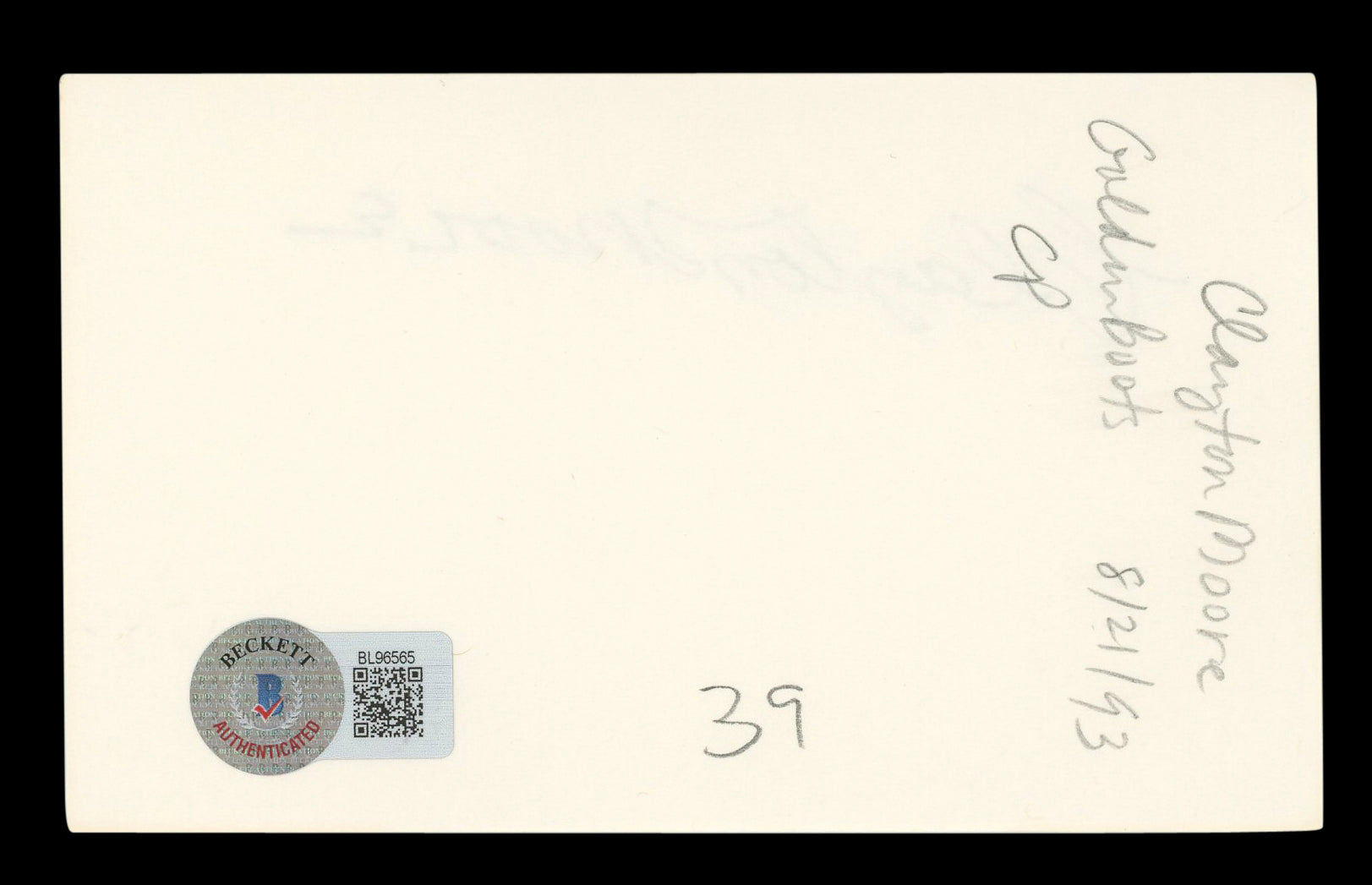 Clayton Moore The Lone Ranger Authentic Signed 3x5 Index Card BAS #BL96565