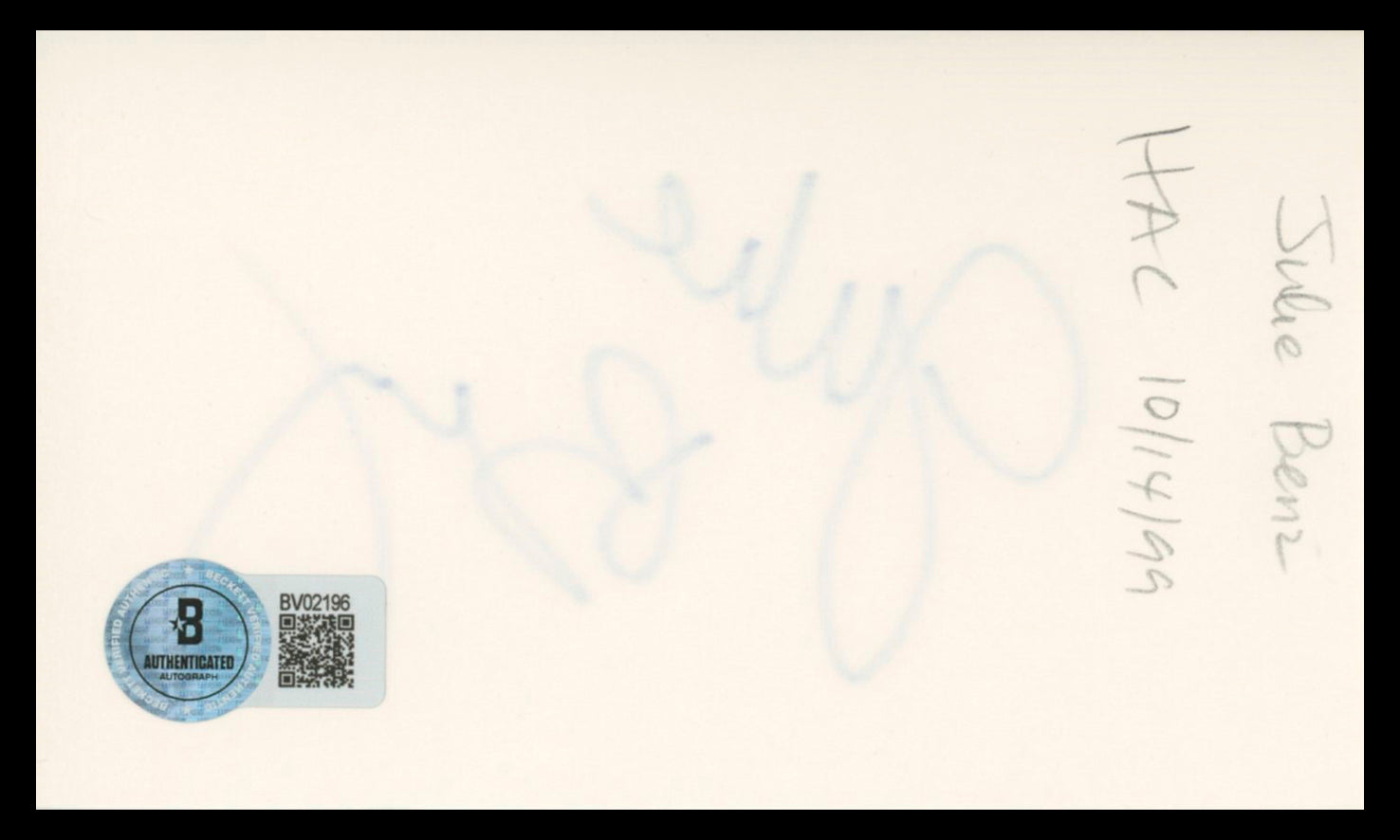 Julie Benz Dexter Authentic Signed 3x5 Index Card Autographed BAS #BV02196
