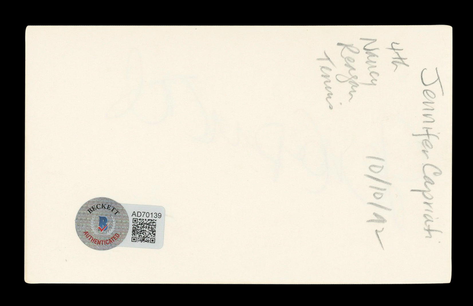 Jennifer Capriati Authentic Signed 3x5 Index Card Autographed BAS #AD70139