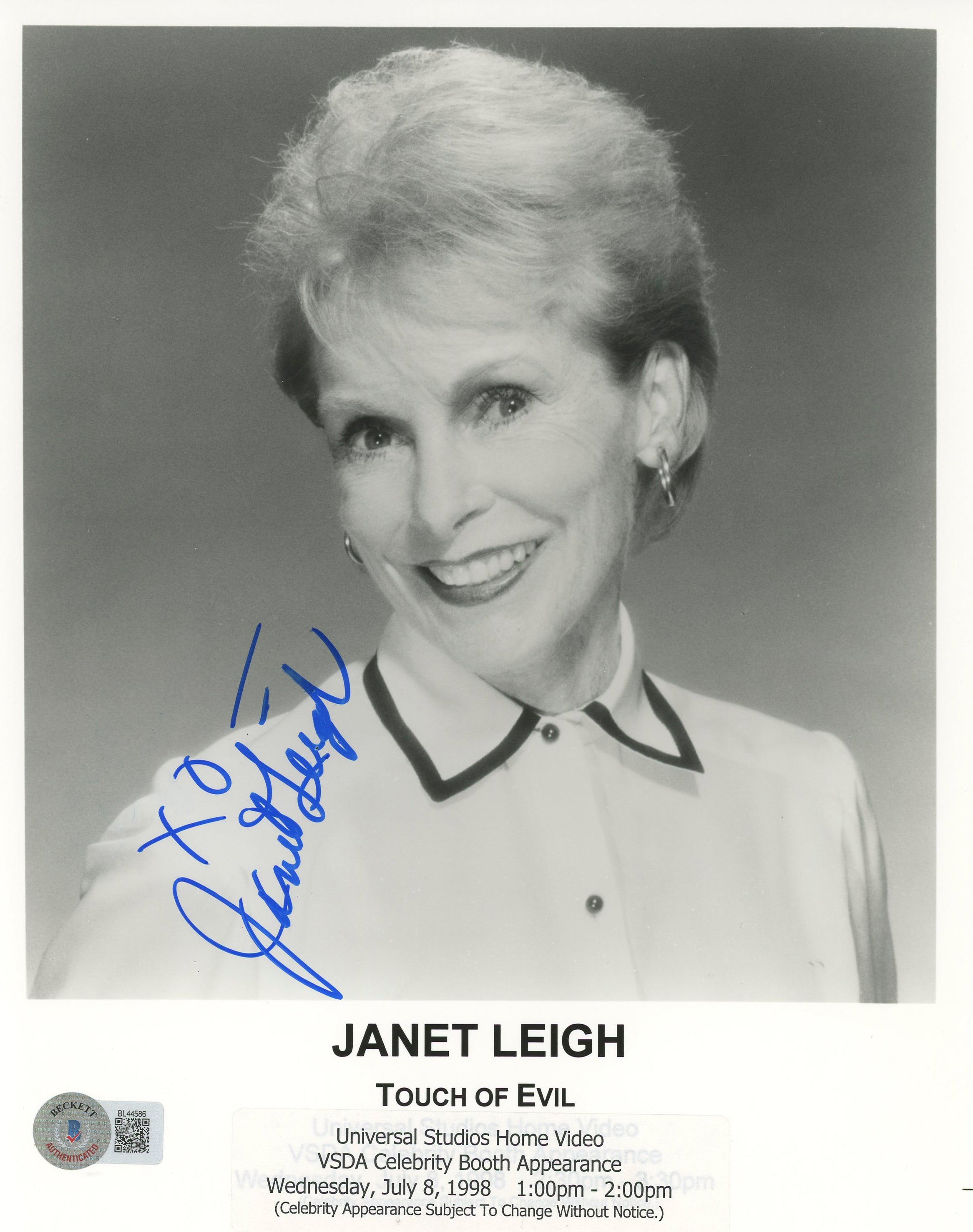 Janet Leigh Touch of Evil "XO" Authentic Signed 8x10 Photo BAS #BL44586