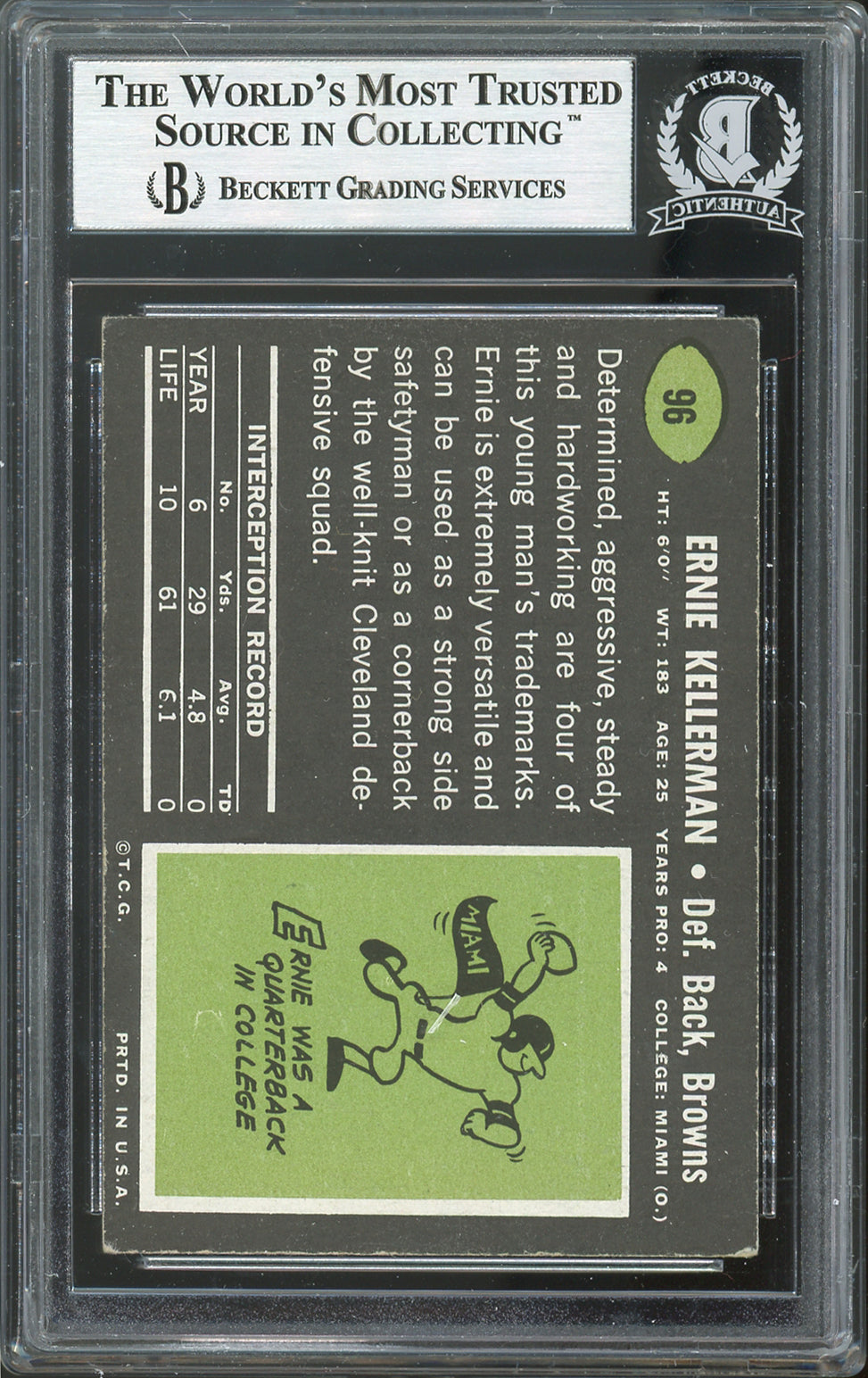 Browns Ernie Kellerman Authentic Signed 1969 Topps #96 Card BAS Slabbed