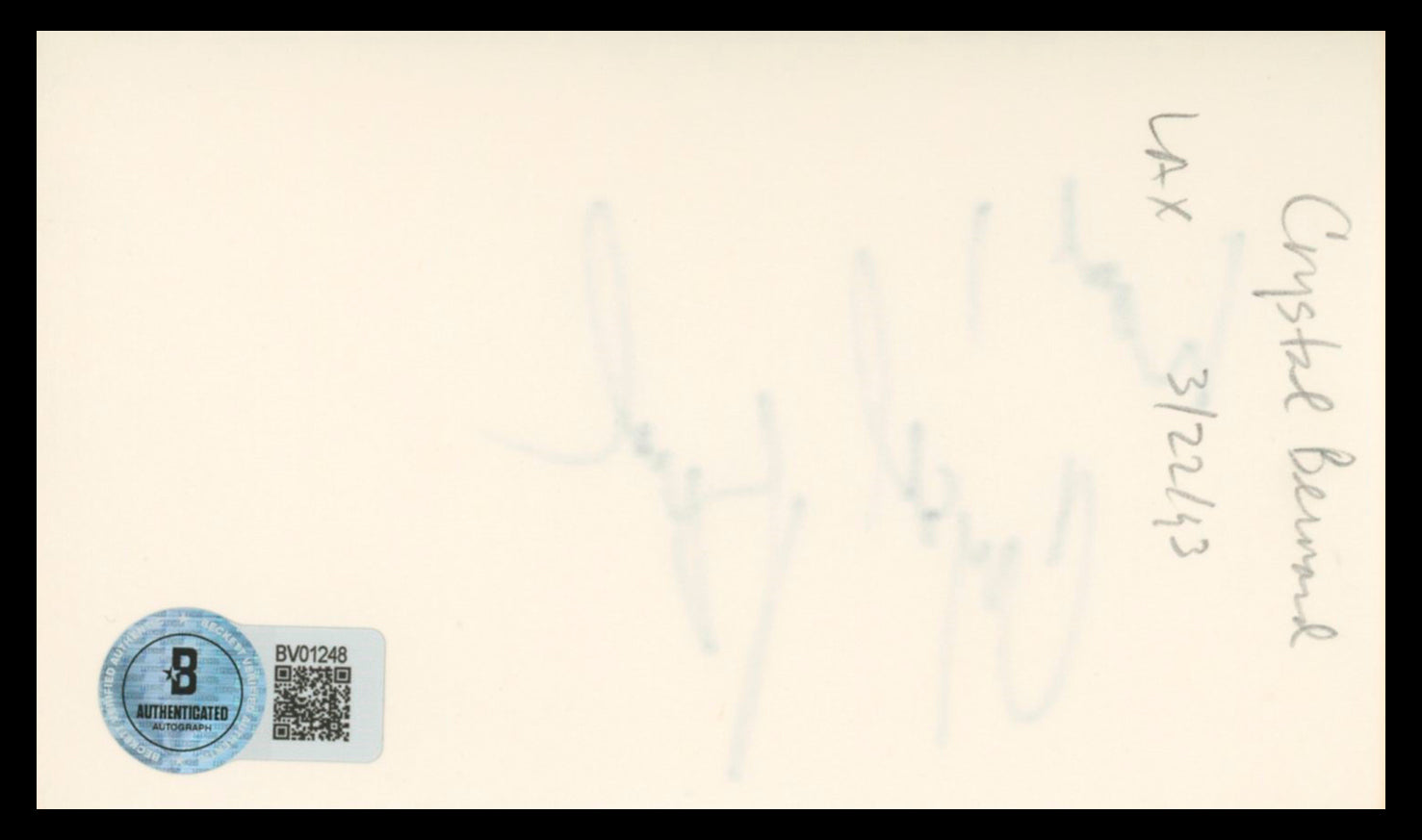 Crystal Bernard Wings "Love" Authentic Signed 3x5 Index Card BAS #BV01248