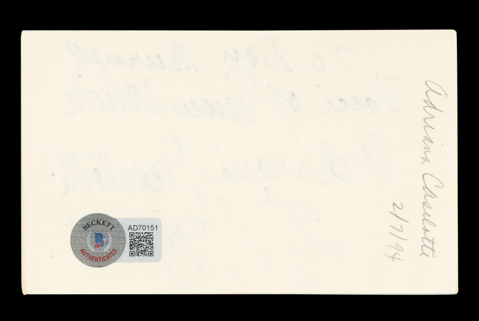 Adriana Caselotti Snow White "2/7/94" Signed 3x5 Index Card BAS #AD70151