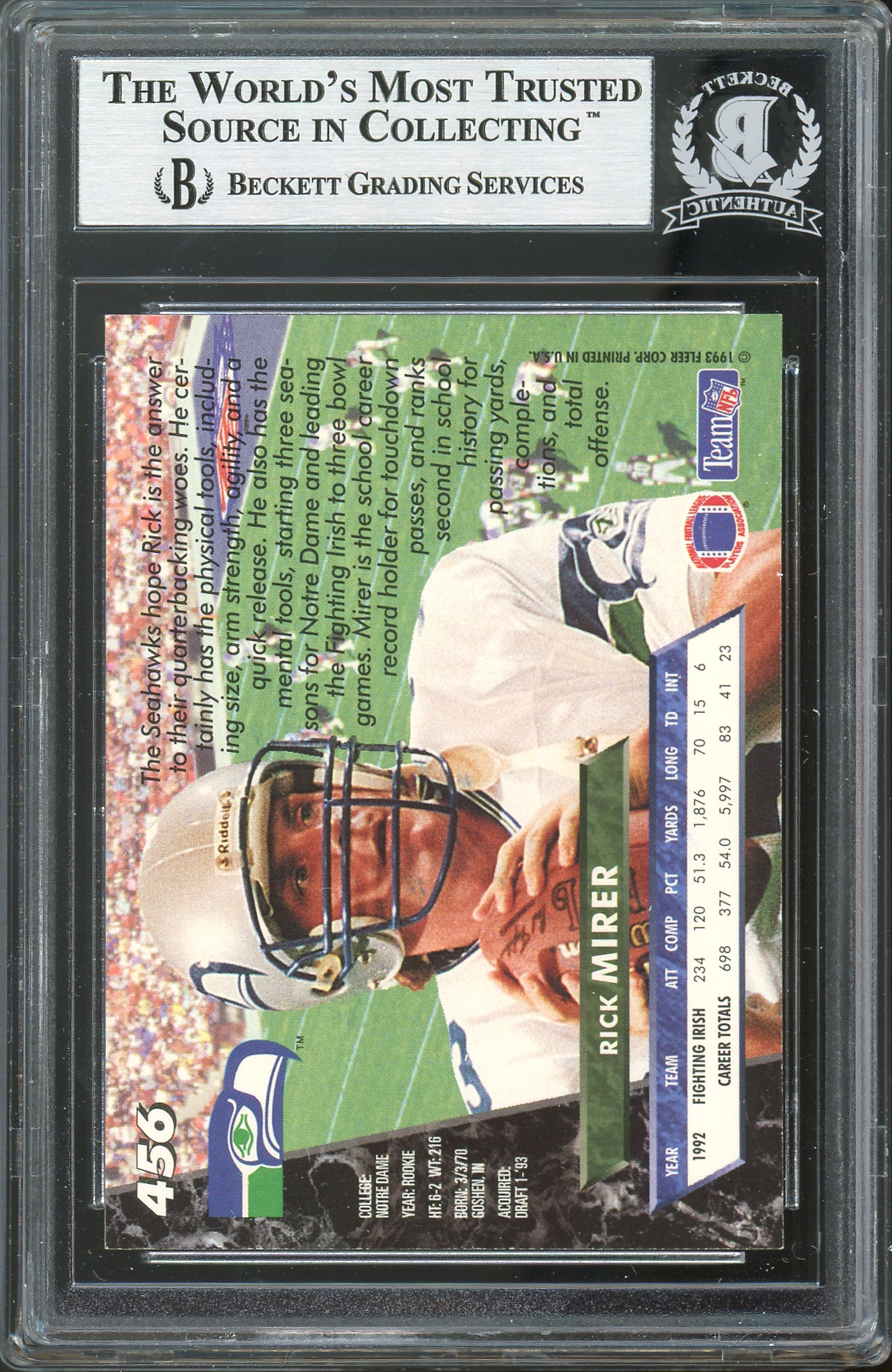 Seahawks Rick Mirer Authentic Signed 1993 Ultra #456 Card BAS Slabbed