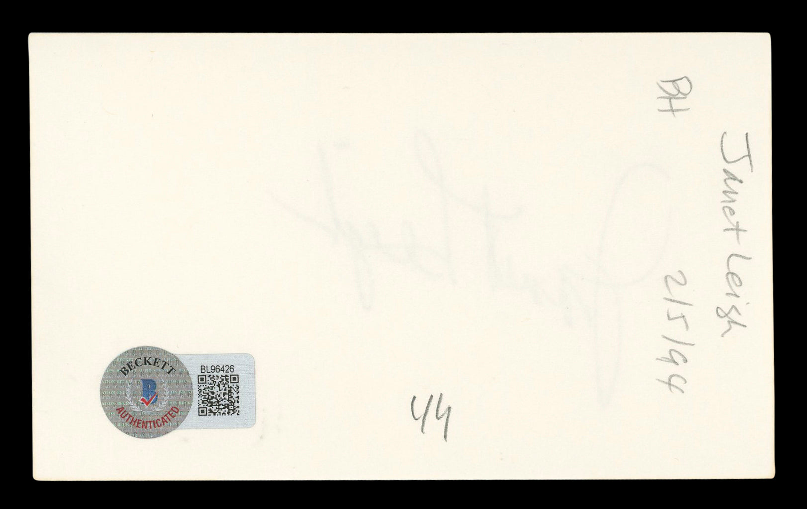 Janet Leigh Psycho Authentic Signed 3x5 Index Card Autographed BAS #BL96426