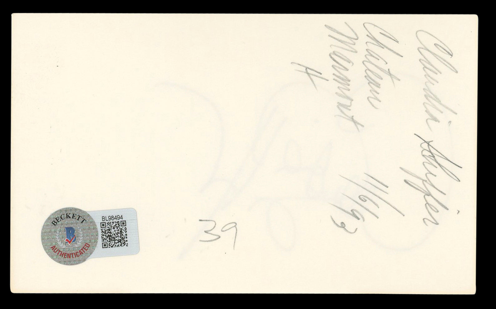 Claudia Schiffer Love Actually Authentic Signed 3x5 Index Card BAS #BL98494