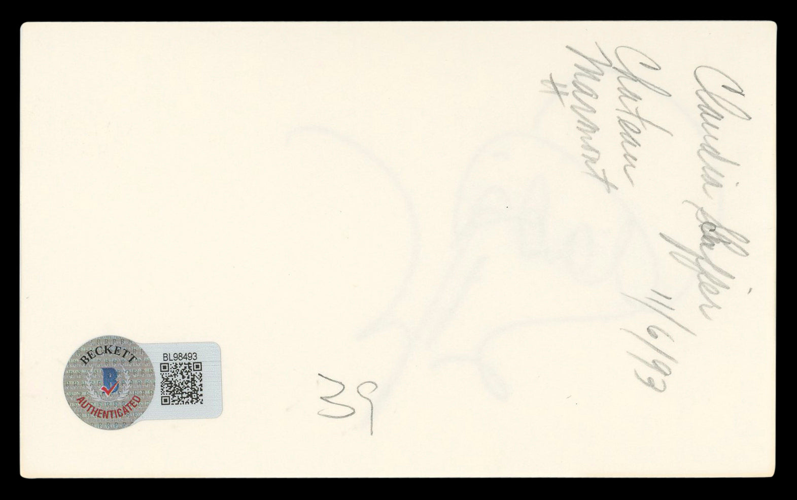 Claudia Schiffer Love Actually Authentic Signed 3x5 Index Card BAS #BL98493
