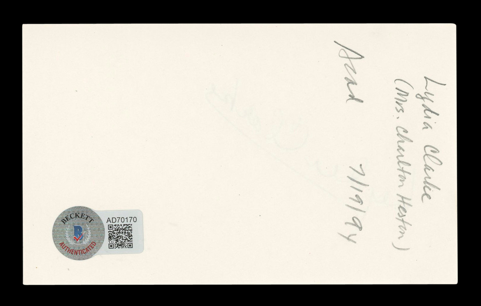 Lydia Clarke The Atomic City Signed 3x5 Index Card Autographed BAS #AD70170