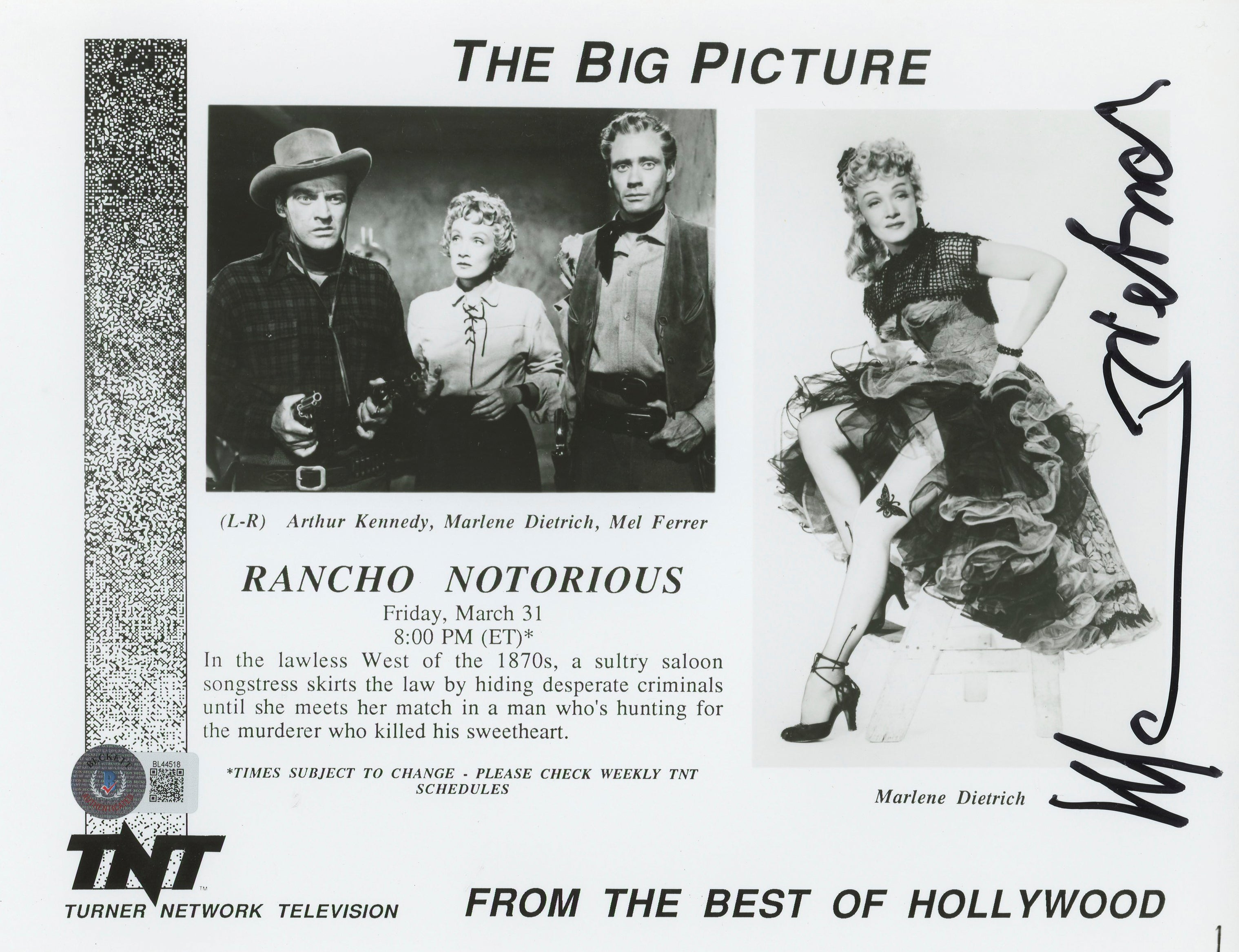 Marlene Dietrich Rancho Notorious Authentic Signed 8x10.25 Photo BAS #BL44518