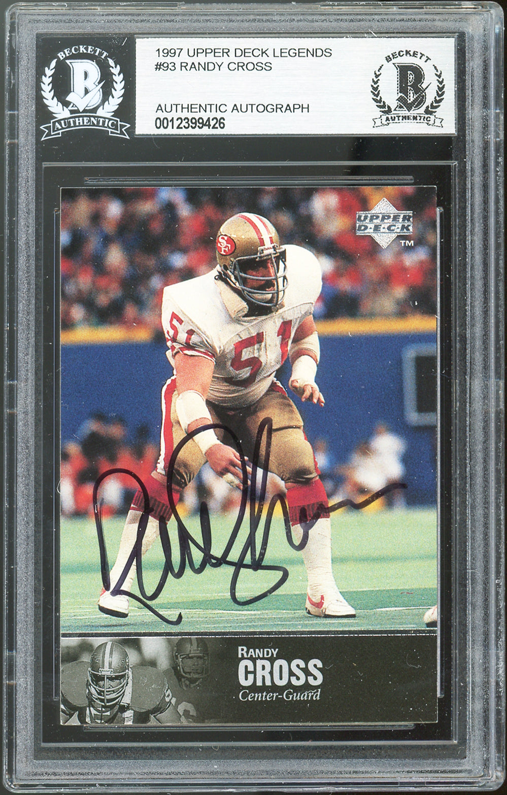 49ers Randy Cross Authentic Signed 1997 Upper Deck Legends #93 Card BAS Slabbed