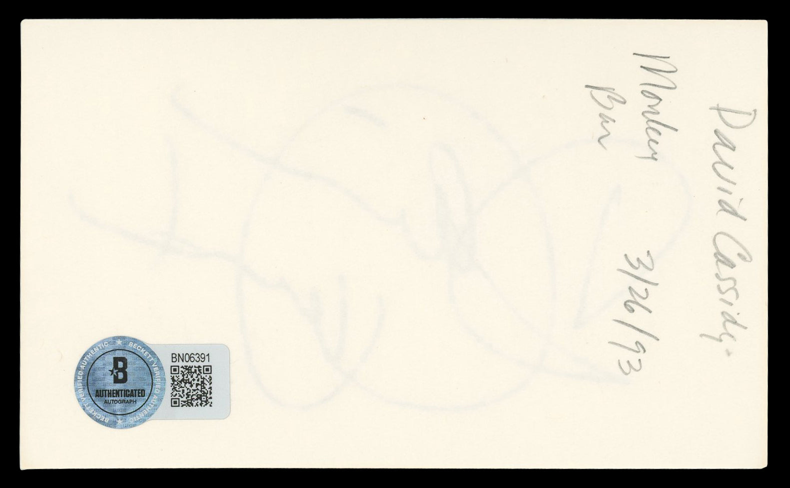 David Cassidy The Partridge Family Authentic Signed 3x5 Index Card BAS #BN06391