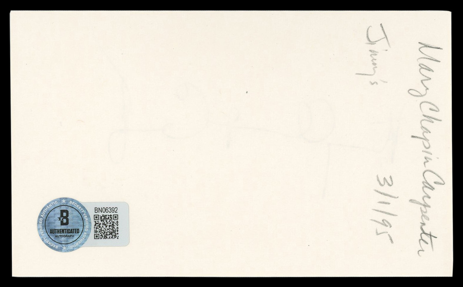 Mary Chapin Carpenter Musician Authentic Signed 3x5 Index Card BAS #BN06392