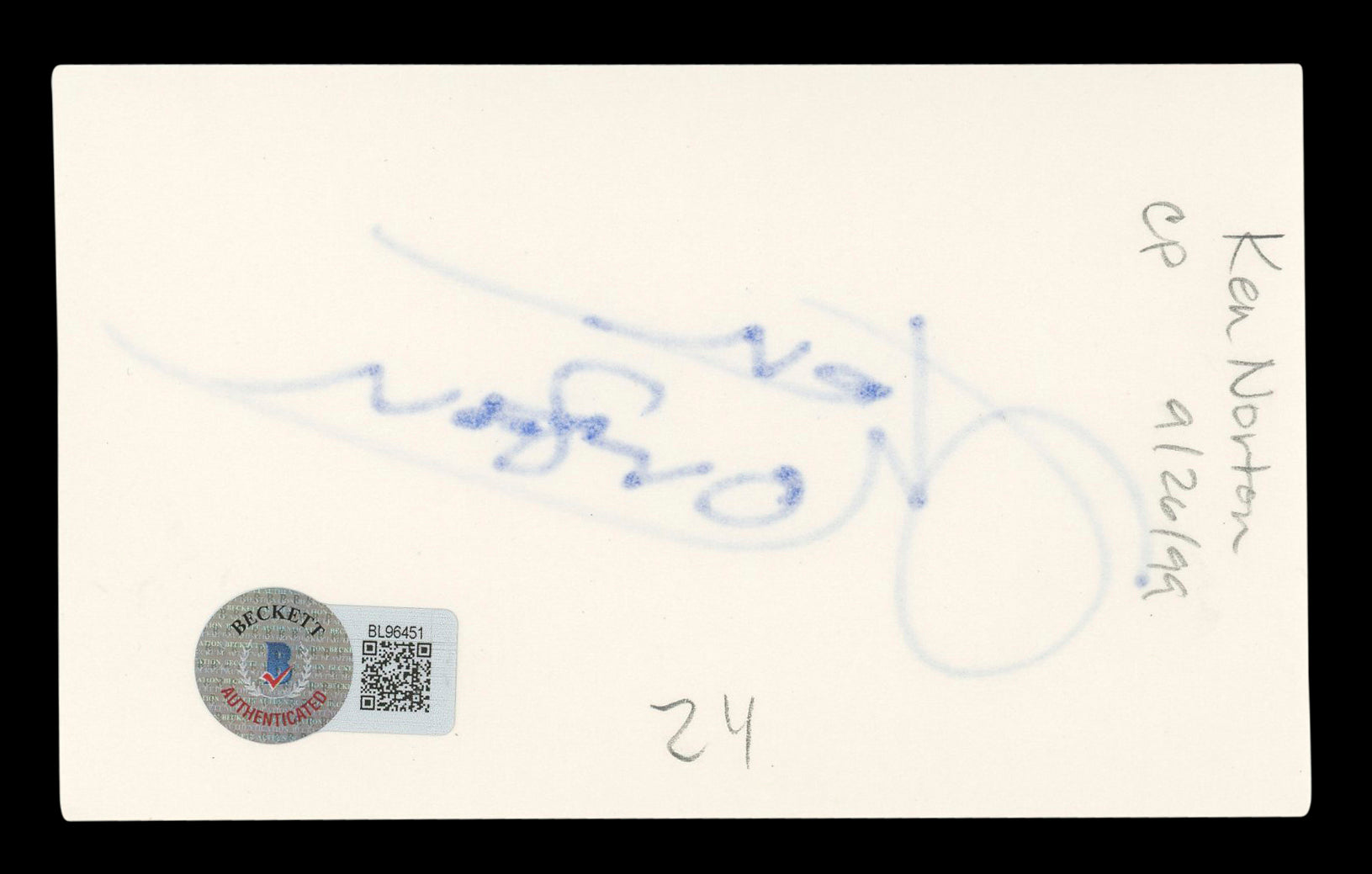 Ken Norton Authentic Signed 3x5 Index Card Autographed BAS #BL96451