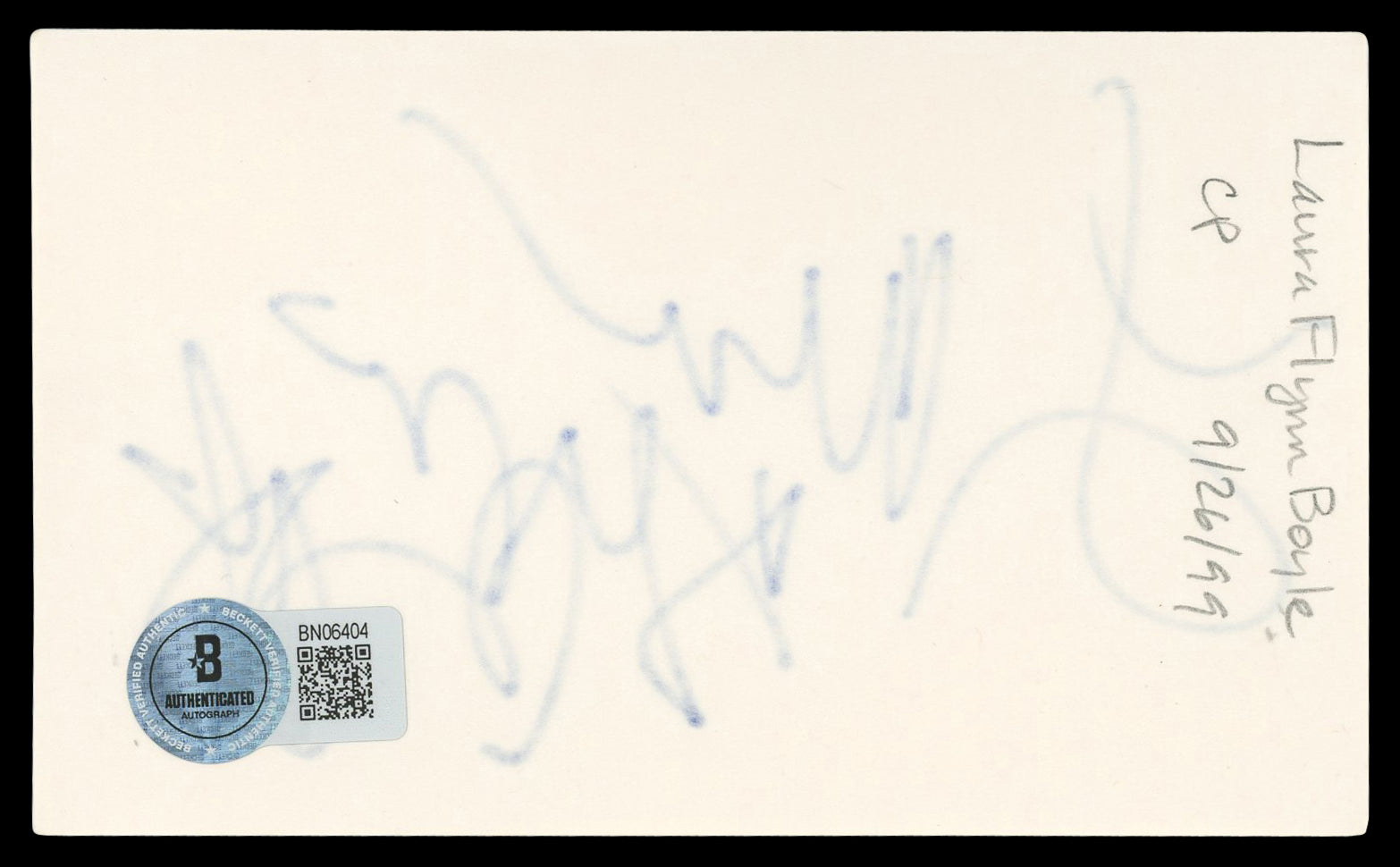 Lara Flynn Boyle Wayne's World Authentic Signed 3x5 Index Card BAS #BN06404