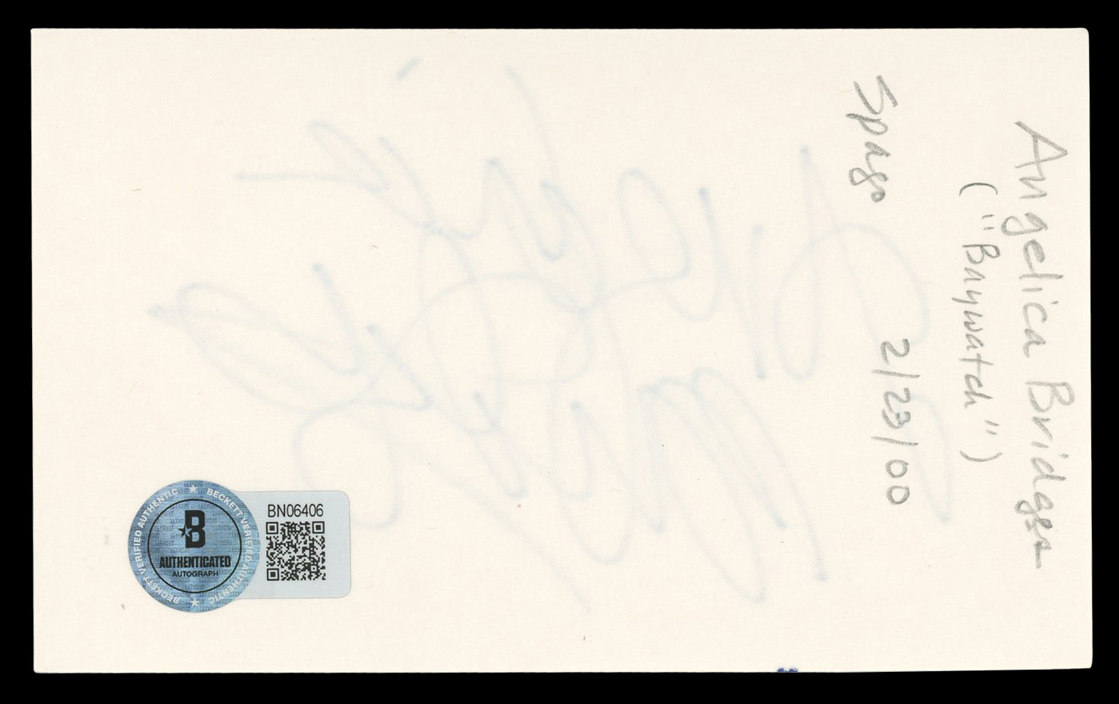 Angelica Bridges Baywatch Authentic Signed 3x5 Index Card BAS #BN06406